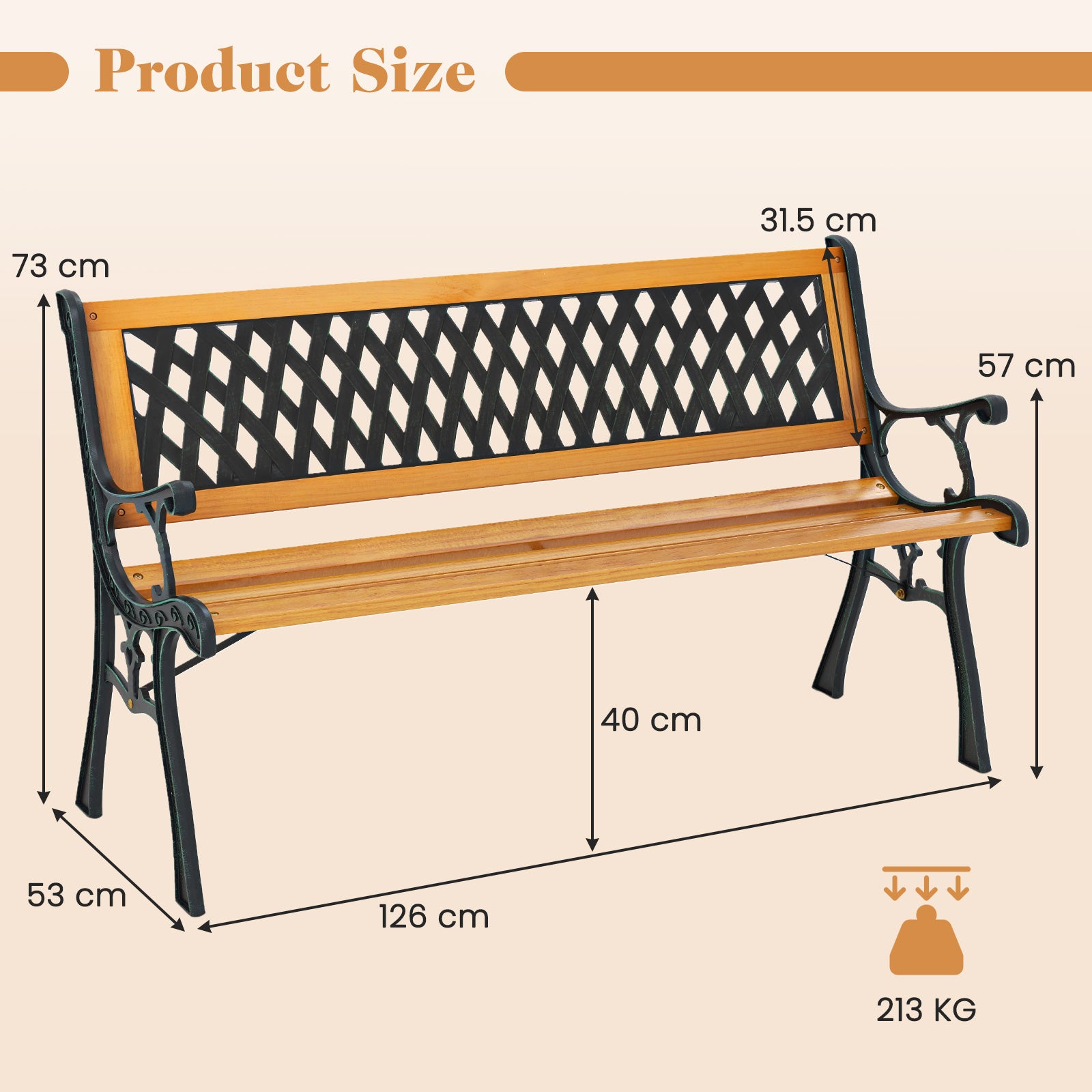 Banc de Jardin d'Extérieur, Banc de Parc pour 3 Personnes, Cadre en Métal Moulé, Siège en Bois de Pin, Accoudoirs, Banc à Lattes, pour Jardin, Parc - 3