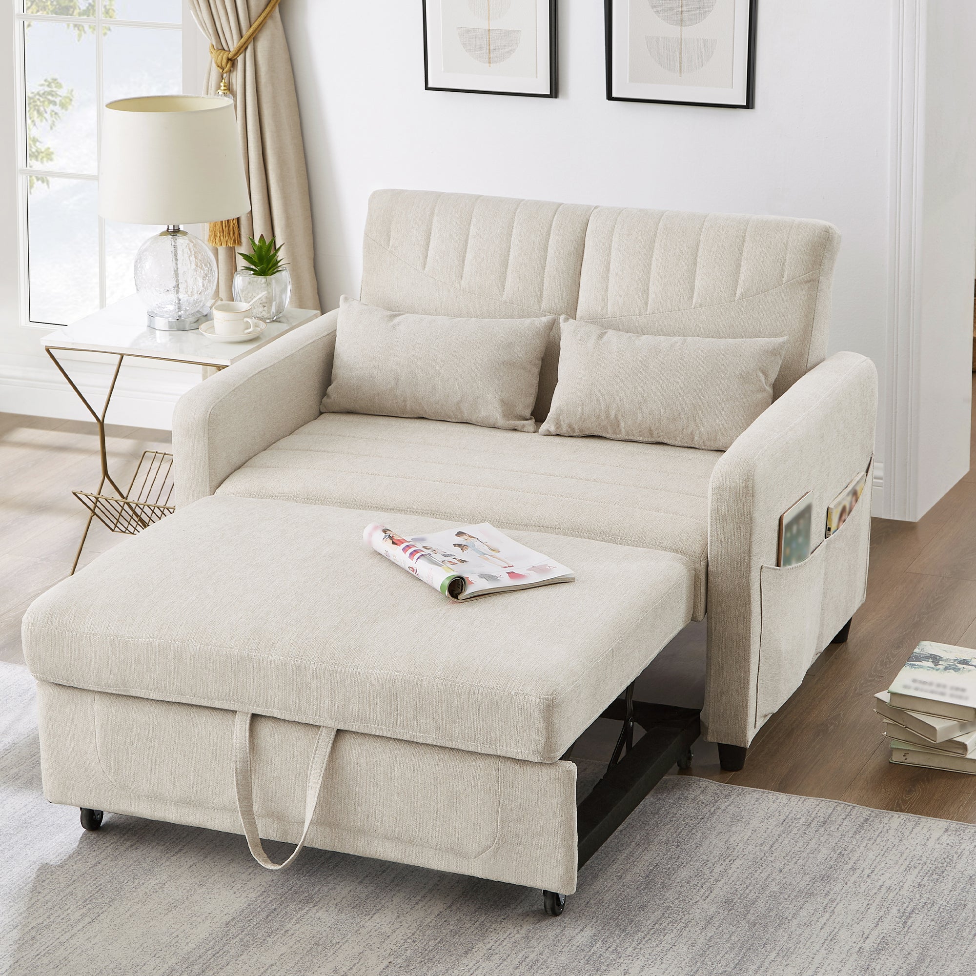 Sofa 2-osobowa rozkładana z 3-stopniową regulacją oparcia - 114 x 77 x 82,5 cm - Tkanina bawełniano-lniana - Beżowa