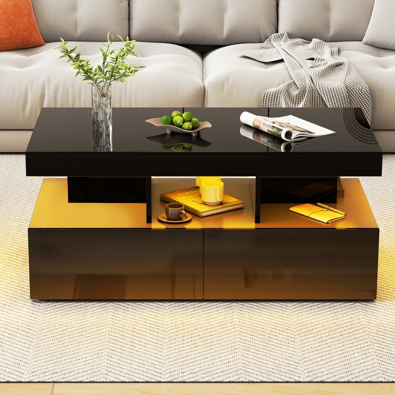 Table Basse avec Lumières LED, Table Basse Salon avec 2 Tiroirs et Compartiment Ouvert, Table de Salon, Bureau,104x53x46 cm, Noir - 5