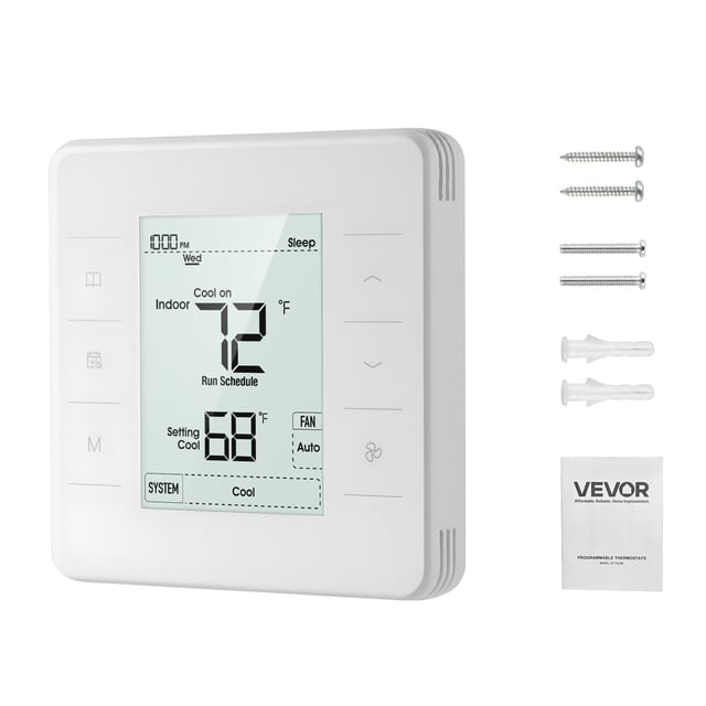 Thermostat programmable 7 jours VEVOR, écran LED rétroéclairé, 1 refroidissement + 1 chauffage, économe en énergie, large plage températures, blanc