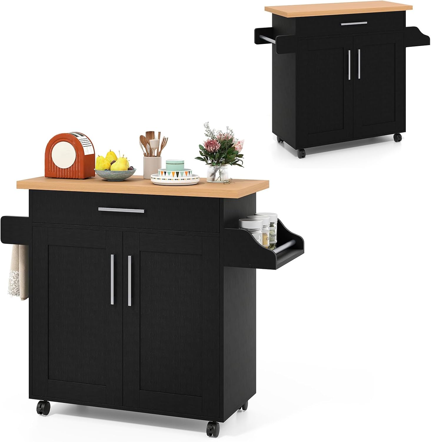 Wyspa Centralna z Wieszakiem na Ręczniki i Blatem Roboczym, Wózek Serwisowy z 1 Szufladą i 1 Szafką z Drzwiami, Wózek Kuchenny na Kółkach, Czarny