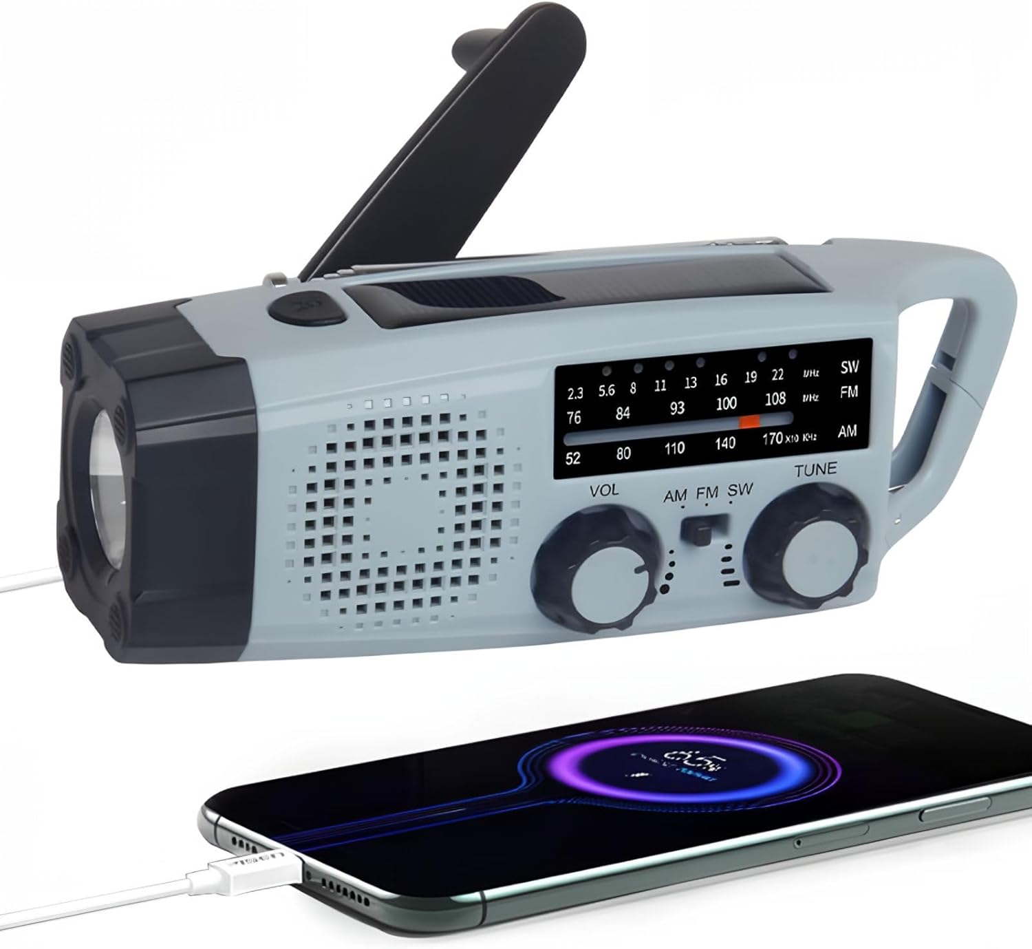 Radio AM/FM z korbką słoneczną, latarką LED, alarmem SOS i ładowarką USB, idealne na kemping, piesze wędrówki i w sytuacjach awaryjnych.