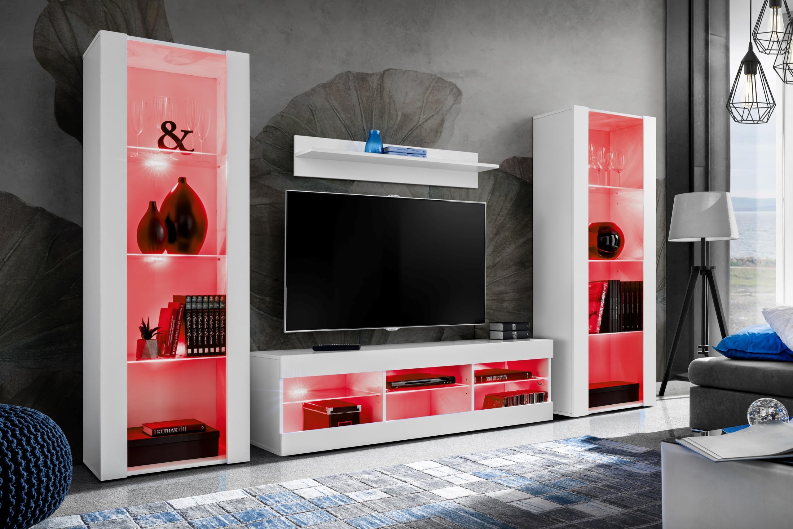 Ensemble Meuble Tivoli Komodee 250cm - Blanc Avec LED Bleues - Meuble TV Et Vitrines