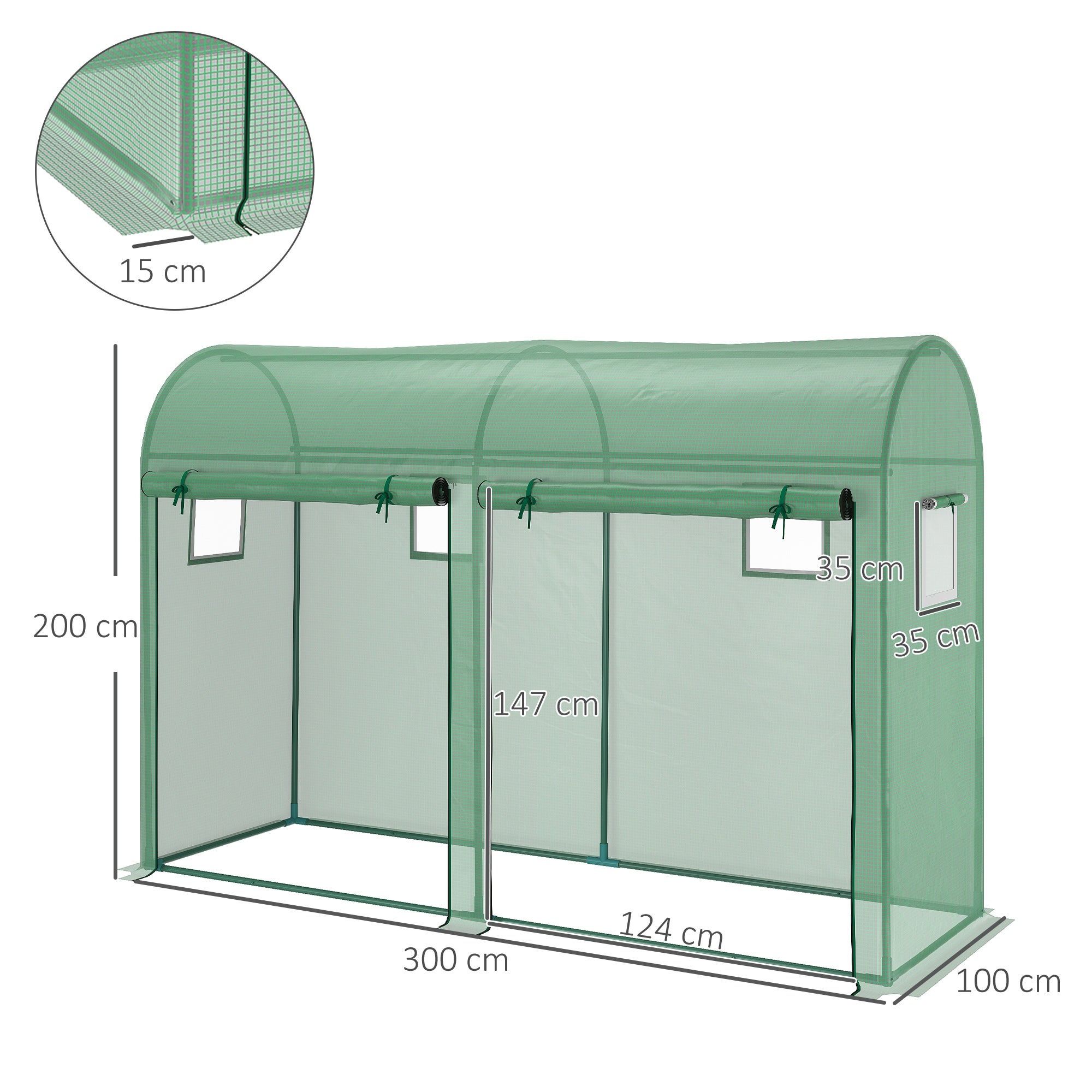 Serre de jardin - Outsunny - petite serre de balcon bâche pe portes et fenêtres roulantes - acier - 300 x 100 x 200 cm - vert - 3
