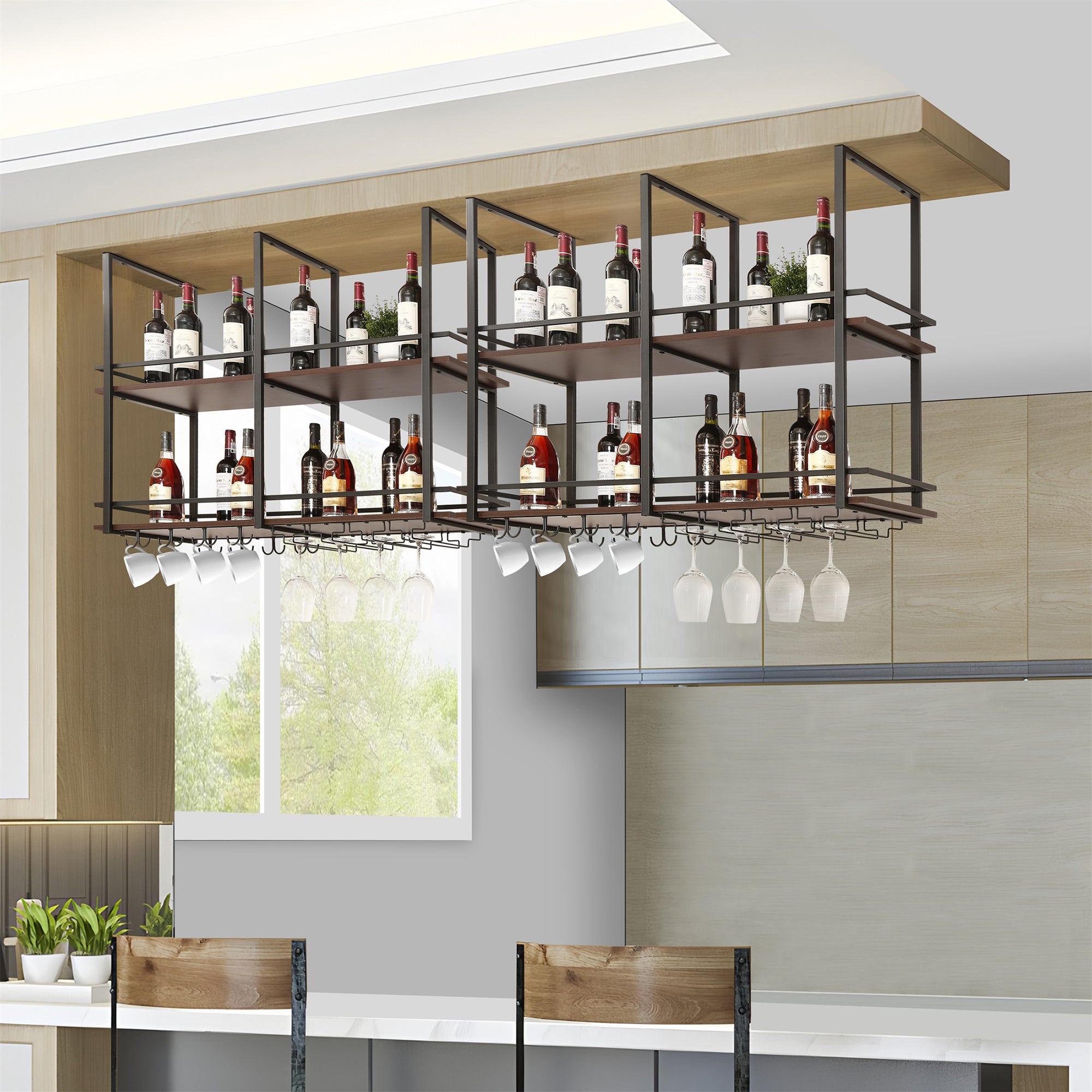 Botellero vino Hubro con portavasos metal 120x30x85cm Negro/Nogal [en.casa] - 3