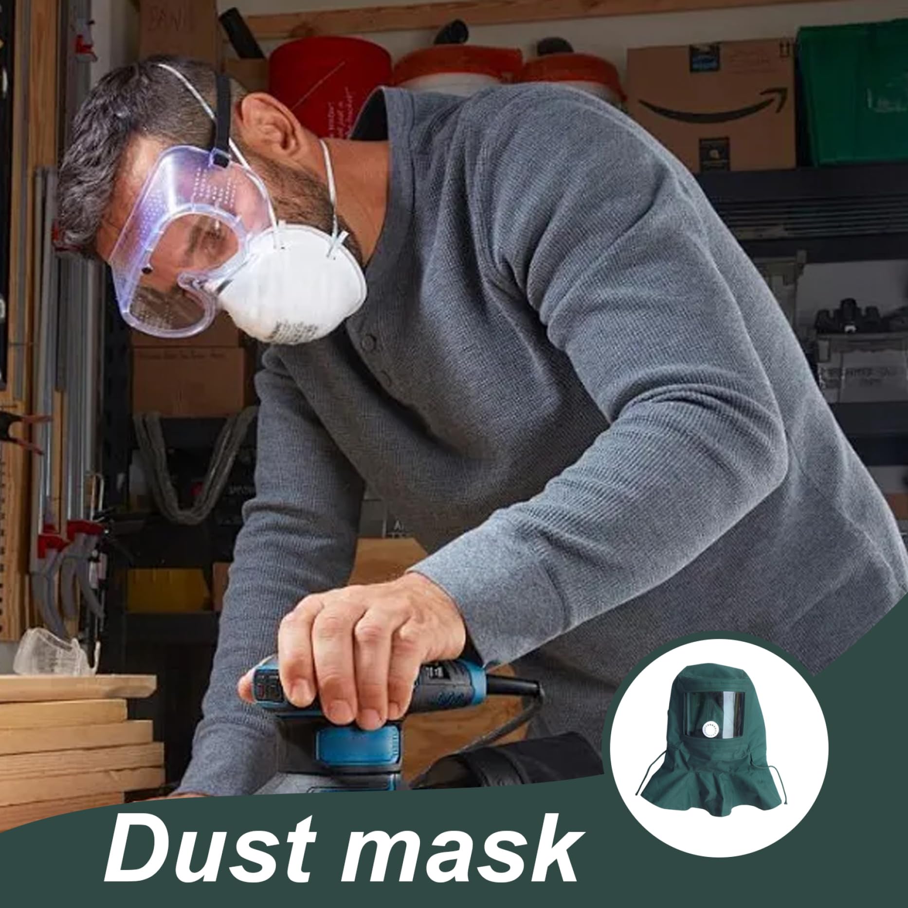 Hotte de sablage avec masque à vision claire et corde réglable - Protection anti-poussière pour polissage,peinture et travaux poussiéreux - 3