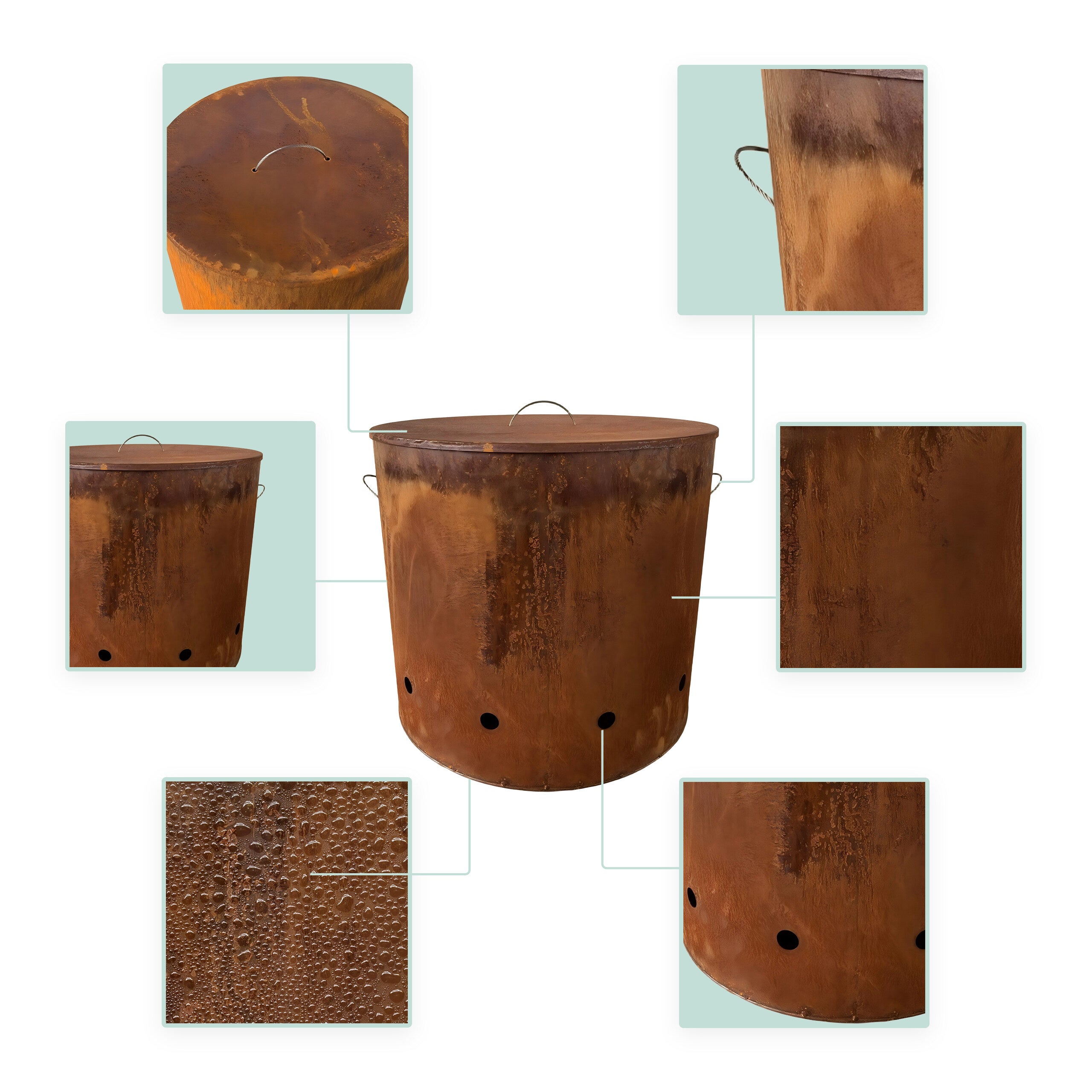 Braseiro de jardim industrial em aço Corten com tampa e efeito ferrugem, tamanho XL, 45 x 49,5 cm, castanho-avermelhado, Relaxdays - 5