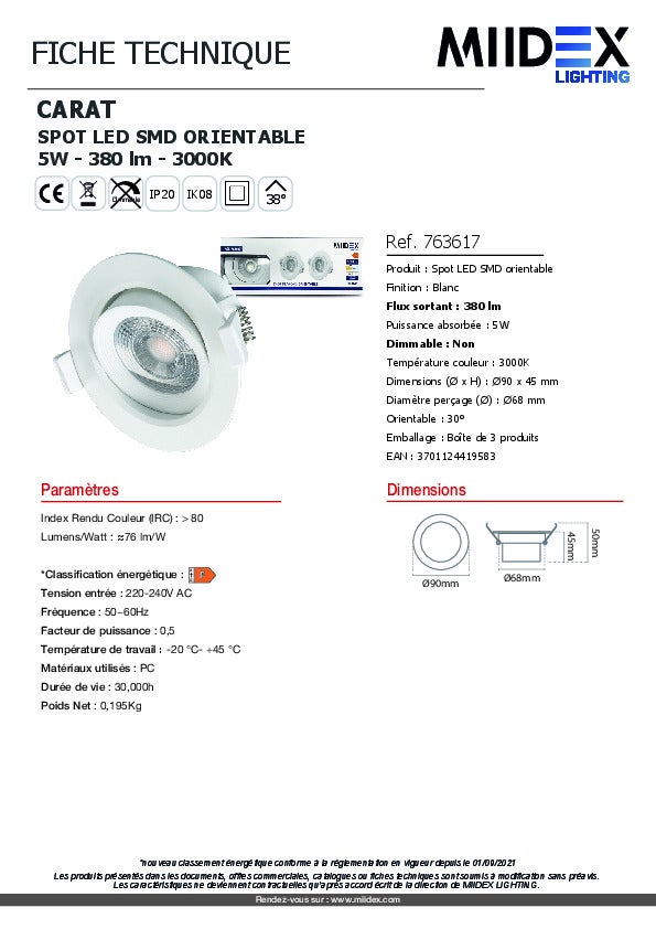 Spot LED Encastrable 90mm - 5W - Blanc Chaud 3000K - Pack de 3 - Orientable - 8