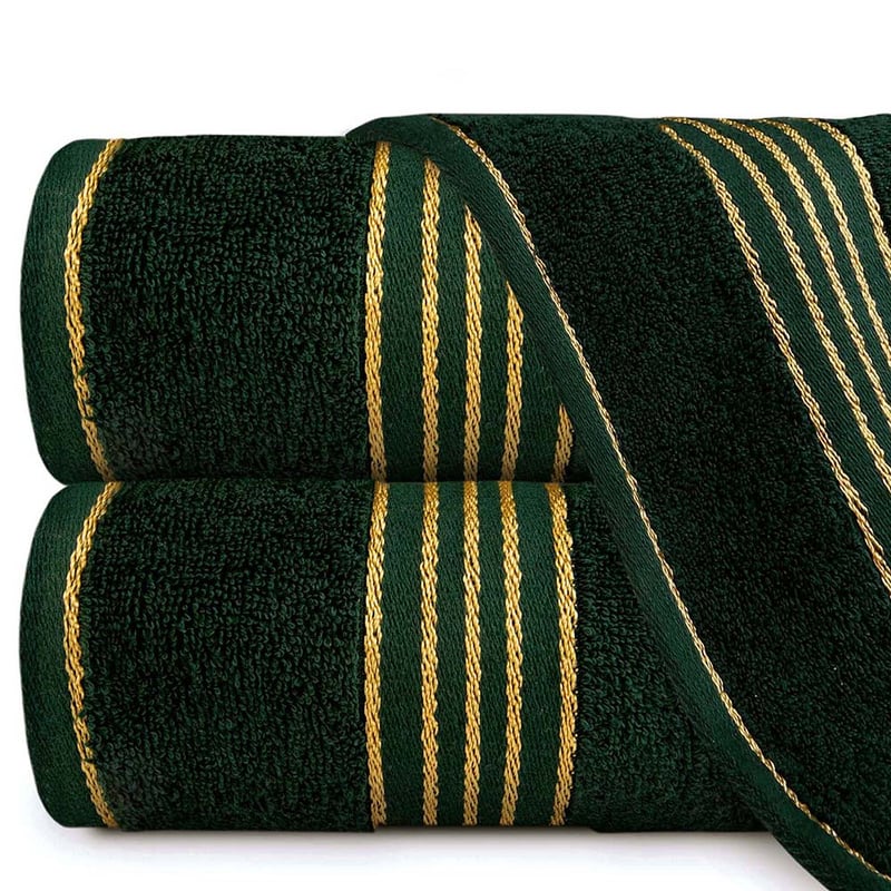 Ręcznik kąpielowy 70x140 cm bawełniany kolor zieleń butelkowa z bordiurą w złote paski 500 g/m2 TIWANO - Darymex