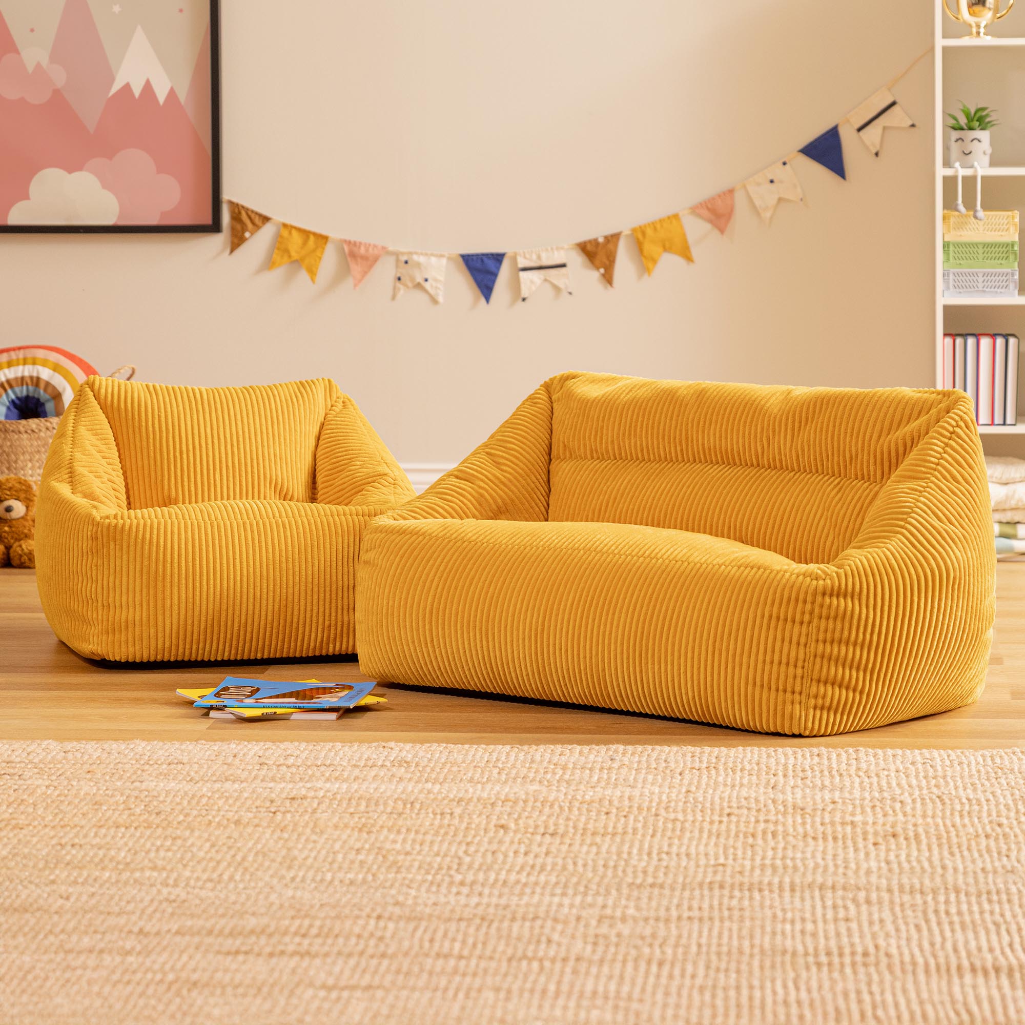 Pouf canapé enfant Icon velours côtelé Oeko-Tex® jaune ocre, chambre, salon, 55x95cm - 10