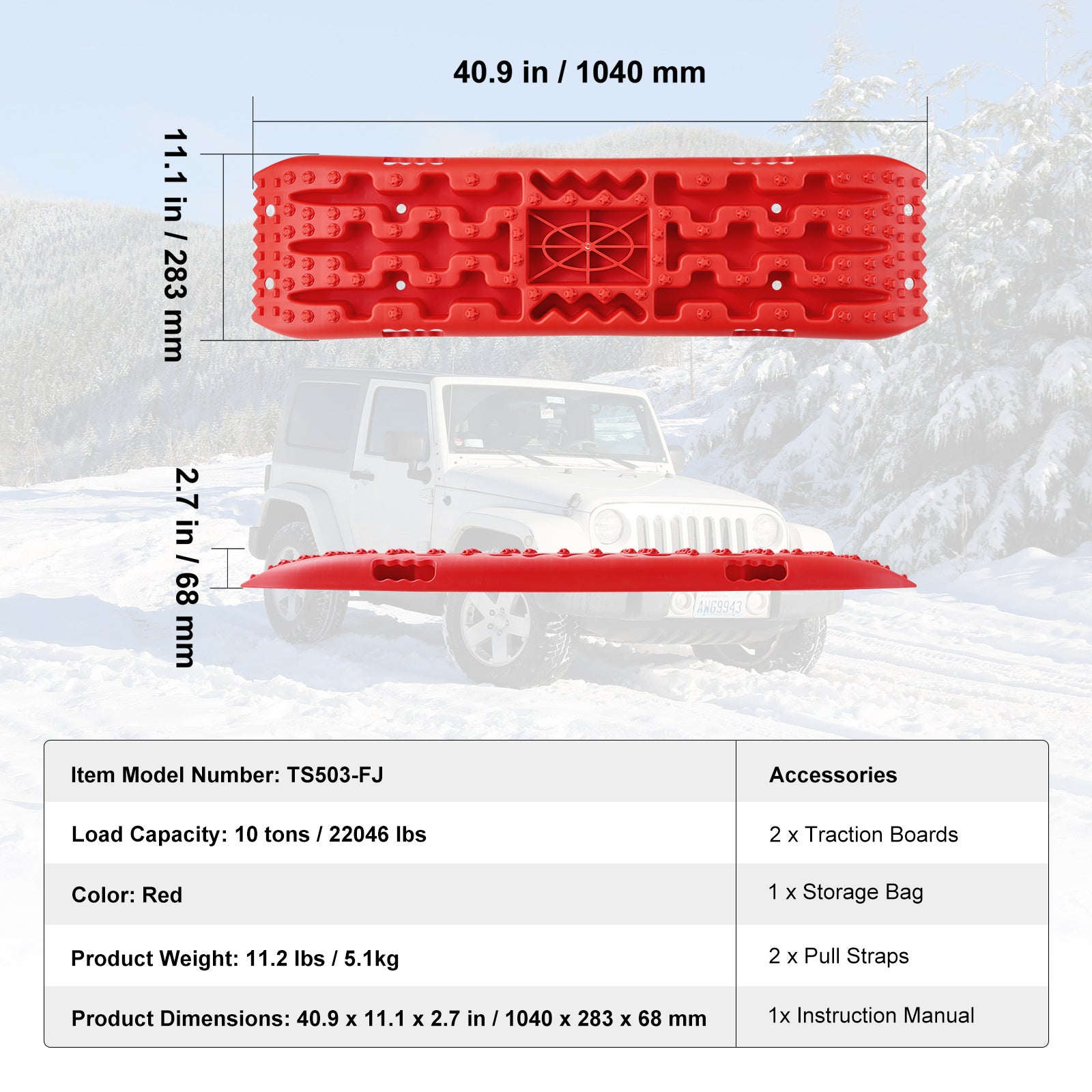 Planches de traction 10 tonnes,SucceBuy PP,Pour véhicules tout-terrain et divers,Longues,Rouges,Avec sac de rangement - 9