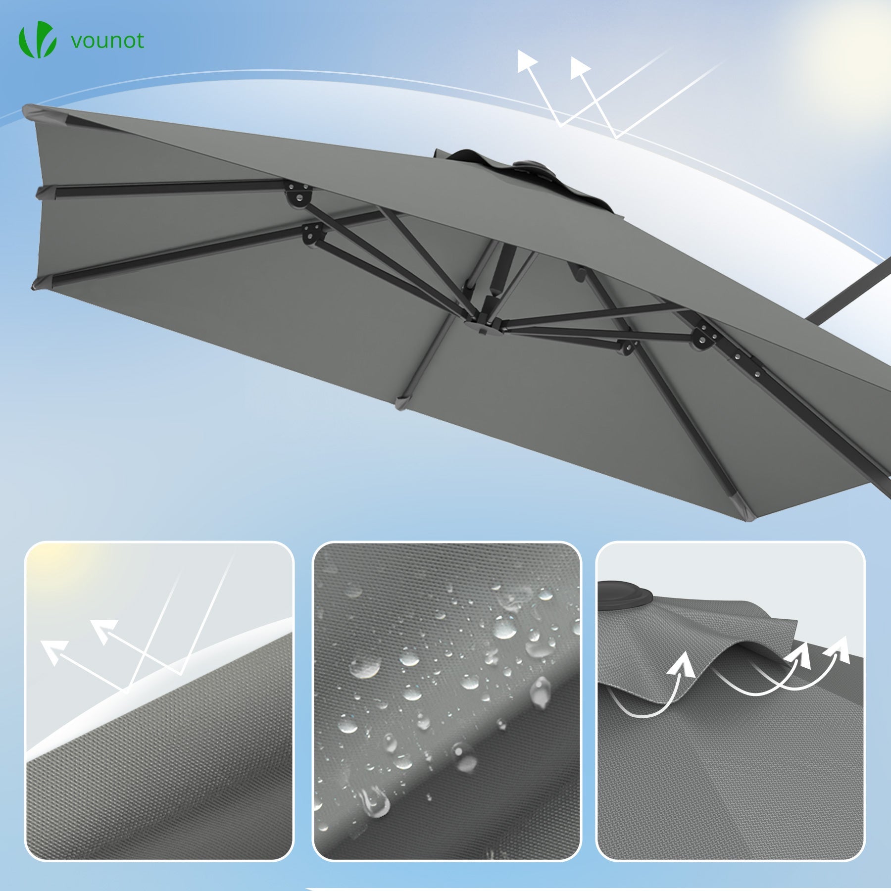 Parasol déporté carré premium 3x3M gris avec housse - 8 baleines - inclinable 6 positions - rotatif 360° - imperméable - VOUNOT® - 4