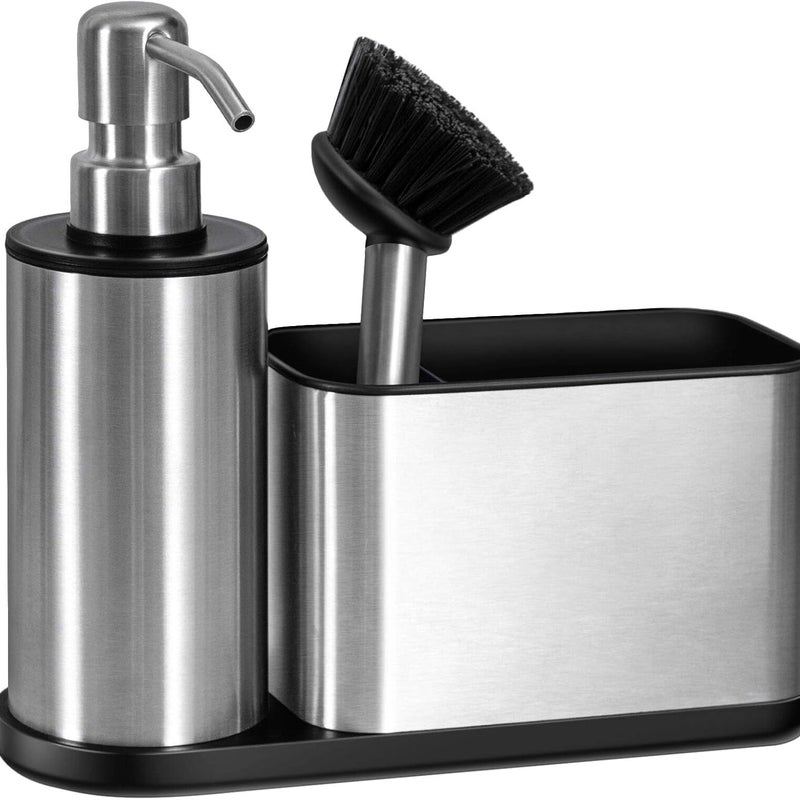 20 x 18 x 6,5 cm, srebrny organizer do zlewu z wbudowanym dozownikiem mydła i uchwytem na gąbkę (pompka i dysza dozująca ze stali nierdzewnej)