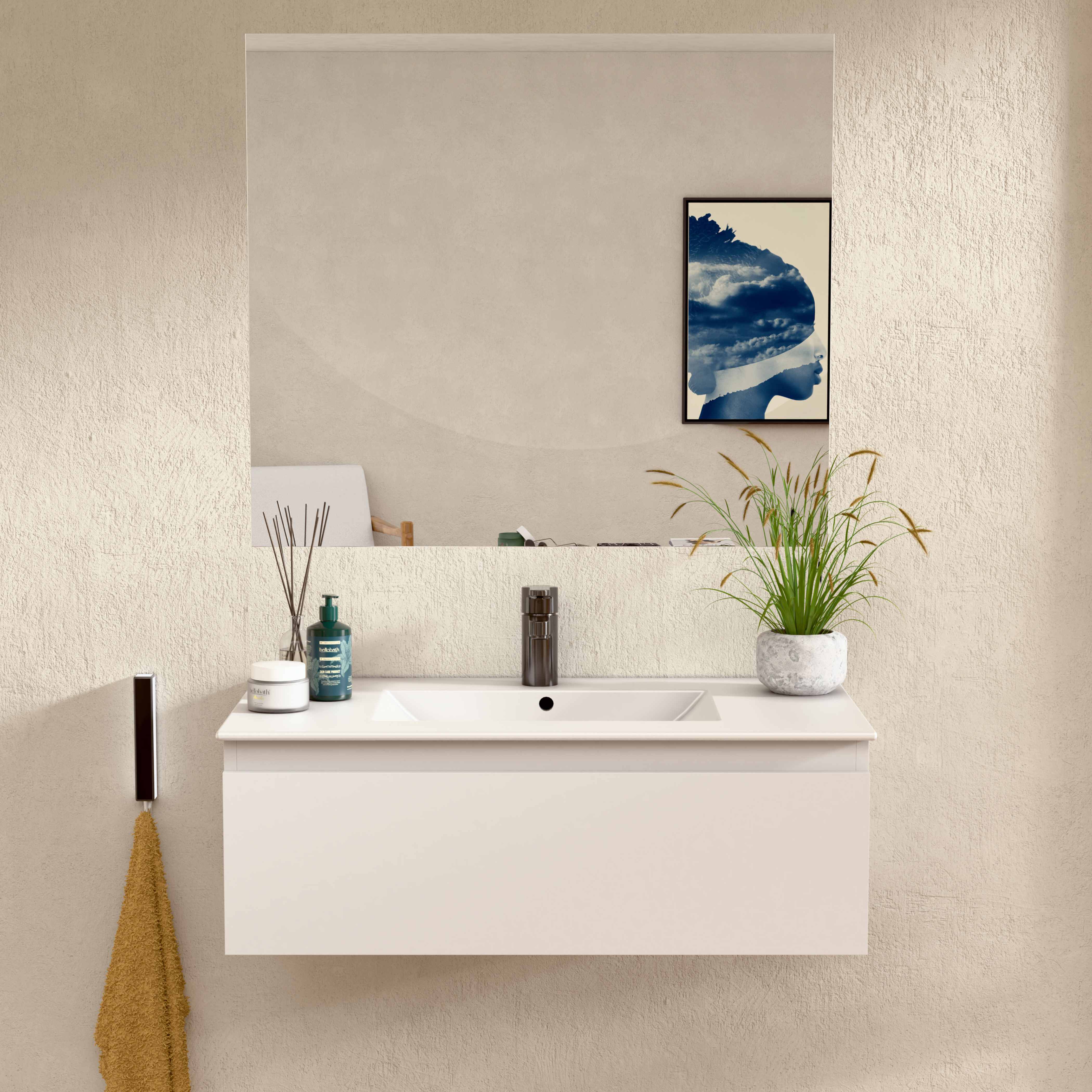 Baikal Set Mobile Bagno Sospeso Con Lavabo In Ceramica E Specchio, 3 Cassetti Soft-close, Finitura Cenere, 70 Cm, Made In Spain