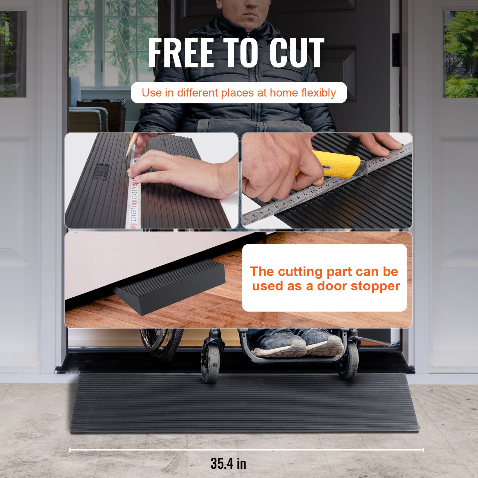 Rampe de Seuil Hauteur VEVOR 4 cm Rampe Trottoir Decoupable Caoutchouc Charge 15 t Rampe Acces Fauteuil Roulant Largeur 90 cm Antiderapante Bande Adhe - 5