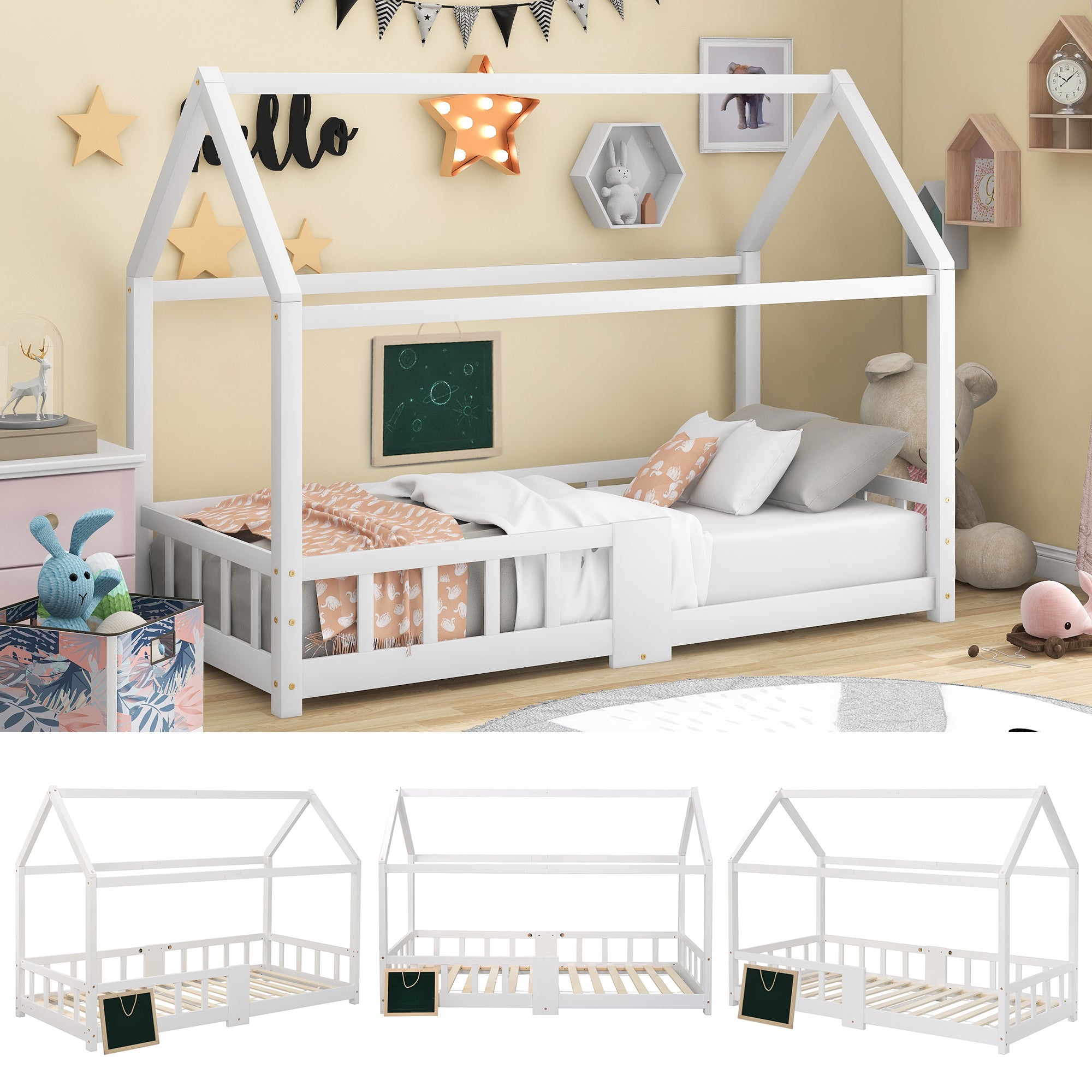 Łóżko dziecięce kabinowe - 90 x 200 cm - lite drewno - tablica i stelaż - białe