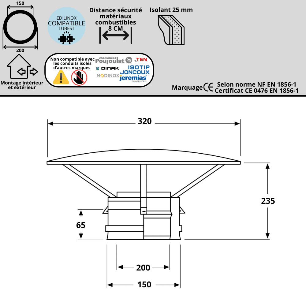 Kit sortie de toit inox isolé 30 à 45 degrés Ediliso25 Edilinox - Diamètre 150 mm - 7