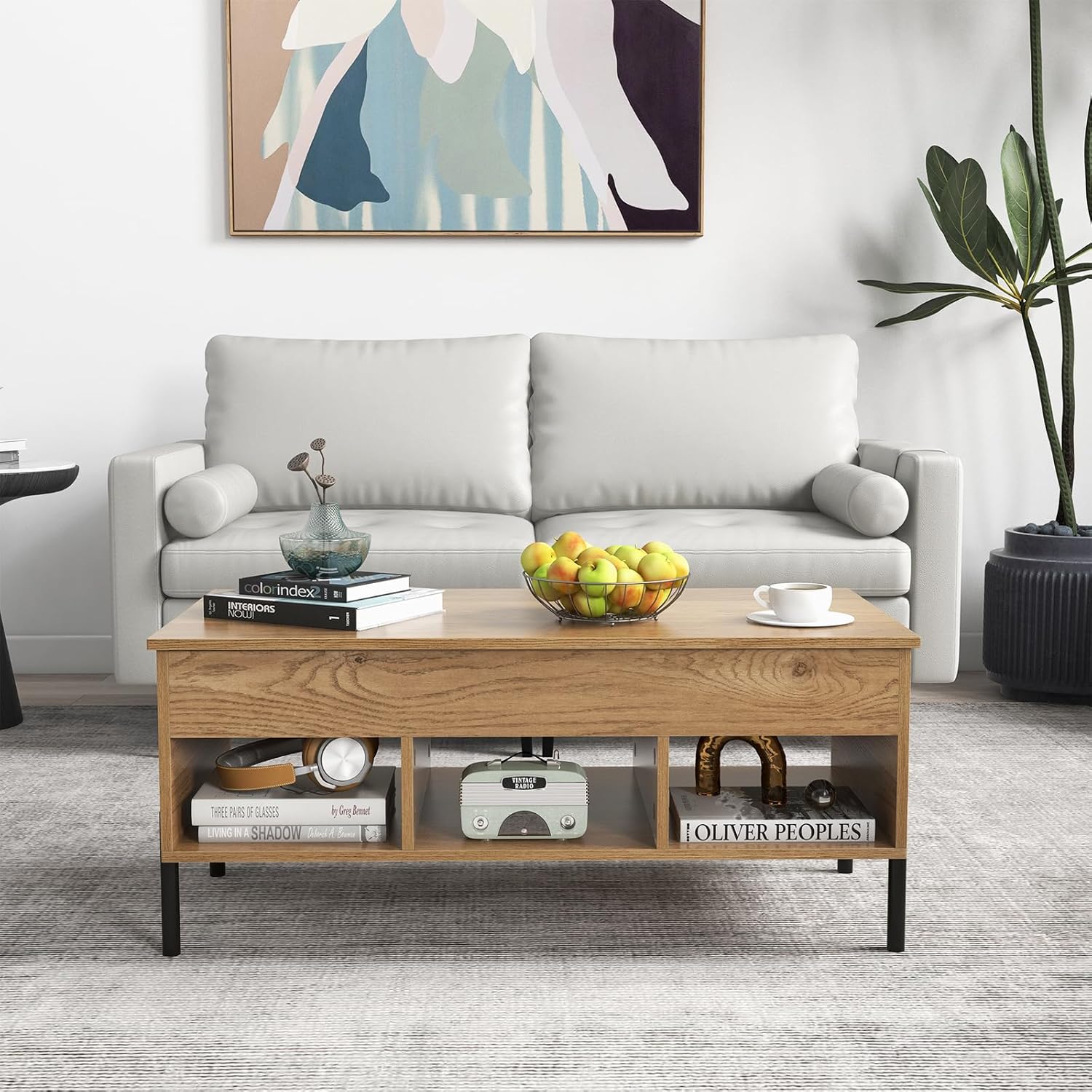 Tavolino da Caffè Sollevabile, Tavolo da Salotto con Piano Sollevabile, Ampio Comparto Nascosto e 3 Scomparti Aperti, Tavolo da Cocktail con G - 9