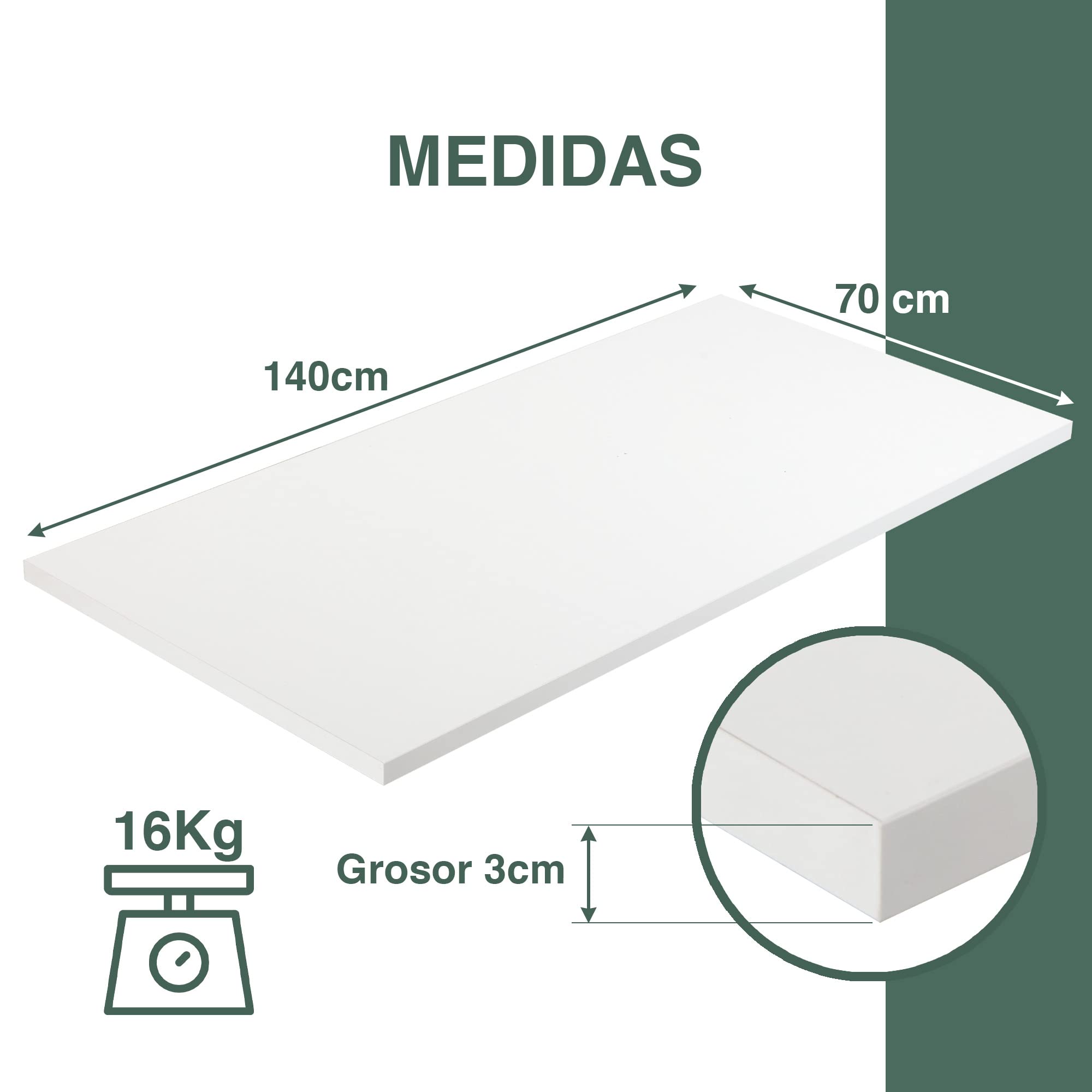 Tablakala Piano in legno per scrivania, 140x70 cm, Spessore 3 cm, Finitura bianca, Compatibile con scrivania regolabile in altezza, Pannello in legno - 2