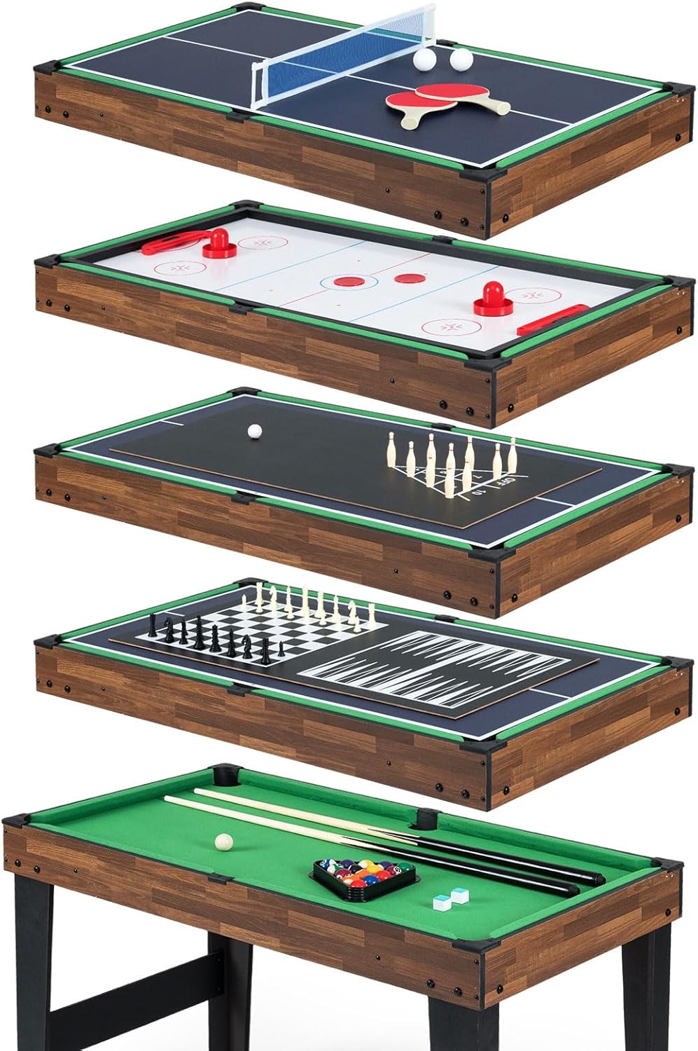 Kangui Table De Jeux 10 En 1 – Baby-foot, Billard, Ping-pong, Hockey, Bowling, échecs, Backgammon, Blackjack, Dames, Palet – Structure Bois, Accessoires Inclus