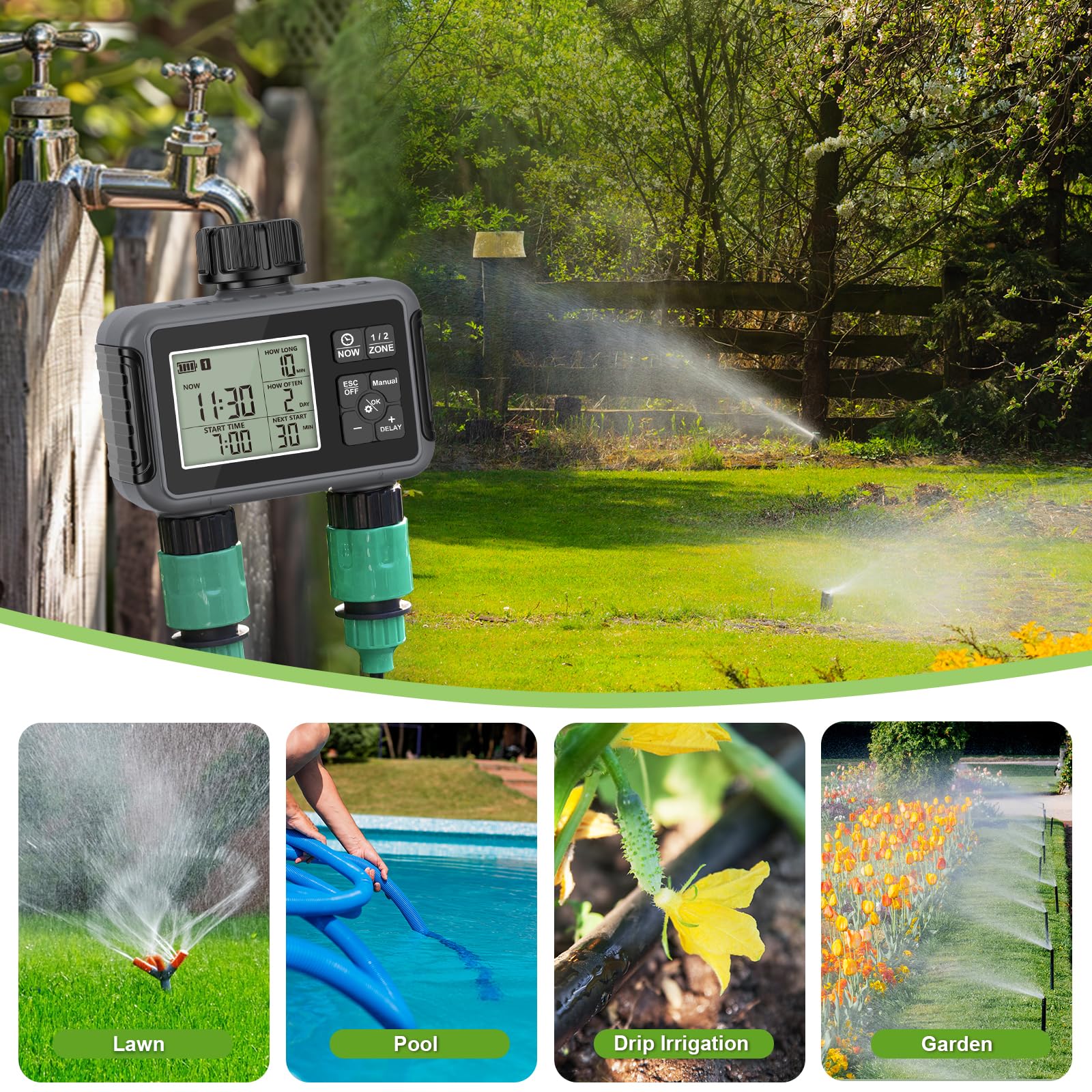 Ordinateur d'irrigation 2 sorties, minuterie d'arrosage de jardin avec retard de pluie/mode automatique et manuel, IPX5 étanche/grand écran LCD - 4