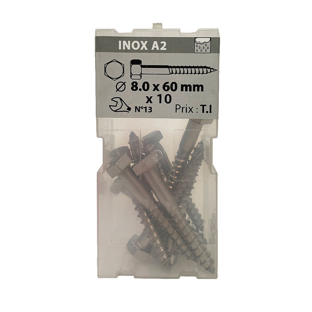Boite 10 vis à bois 8 x 60mm tête hexagonale inox A2 - Viswood | Leroy ...