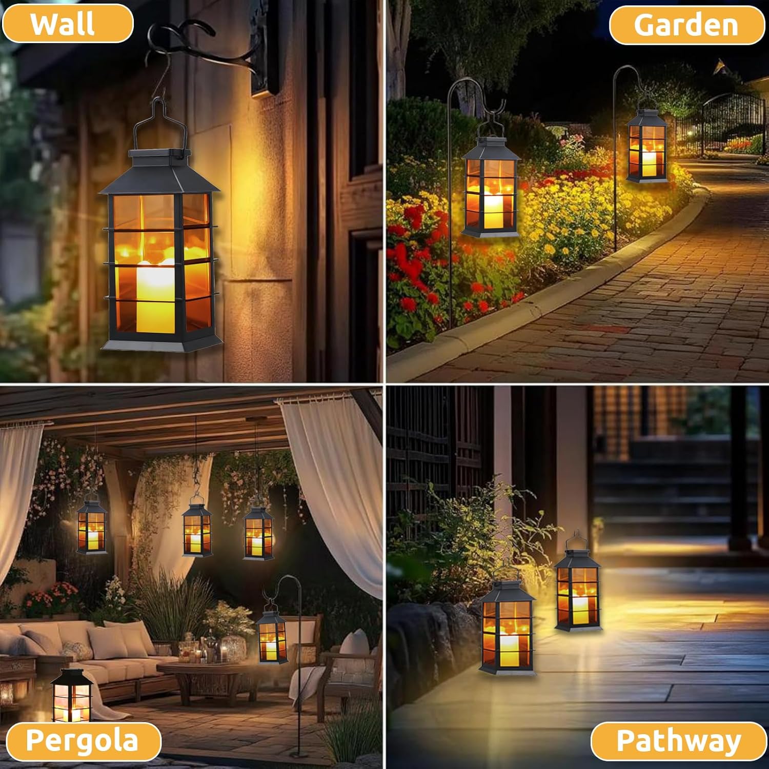 Conjunto de 2 lanternas solares de jardim para exterior com vela LED oscilante, luminárias suspensas à prova d'água IP44 para varanda. - 2