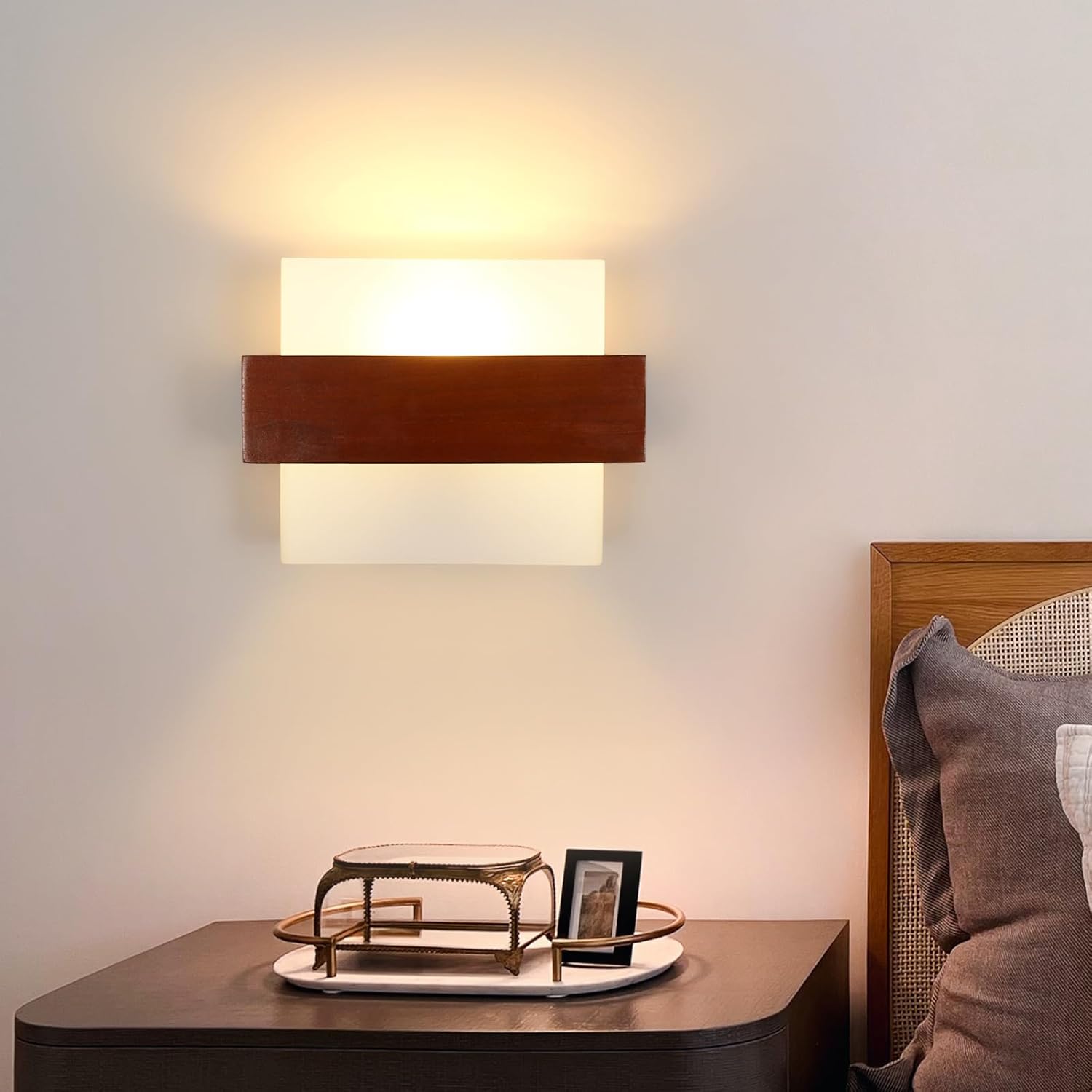 GOECO Applique Murale Intérieure, Moderne E27 Lampe Murale en Bois et Verre, Minimaliste Luminaire Mural Interieur pour Chambre, Salon, Salle à Manger - 7