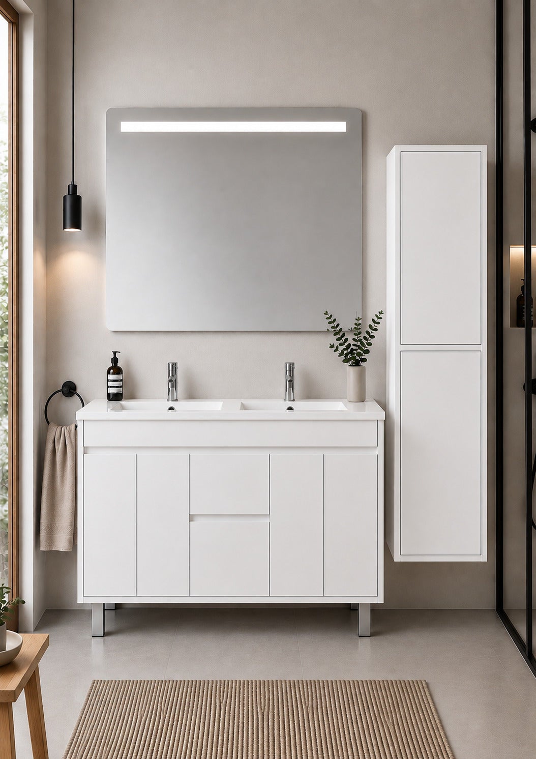 Mobilier de baie cu lavoar ORIGENBATH ISQUIA fără oglindă 120x45 cm dublu alb cu coloană