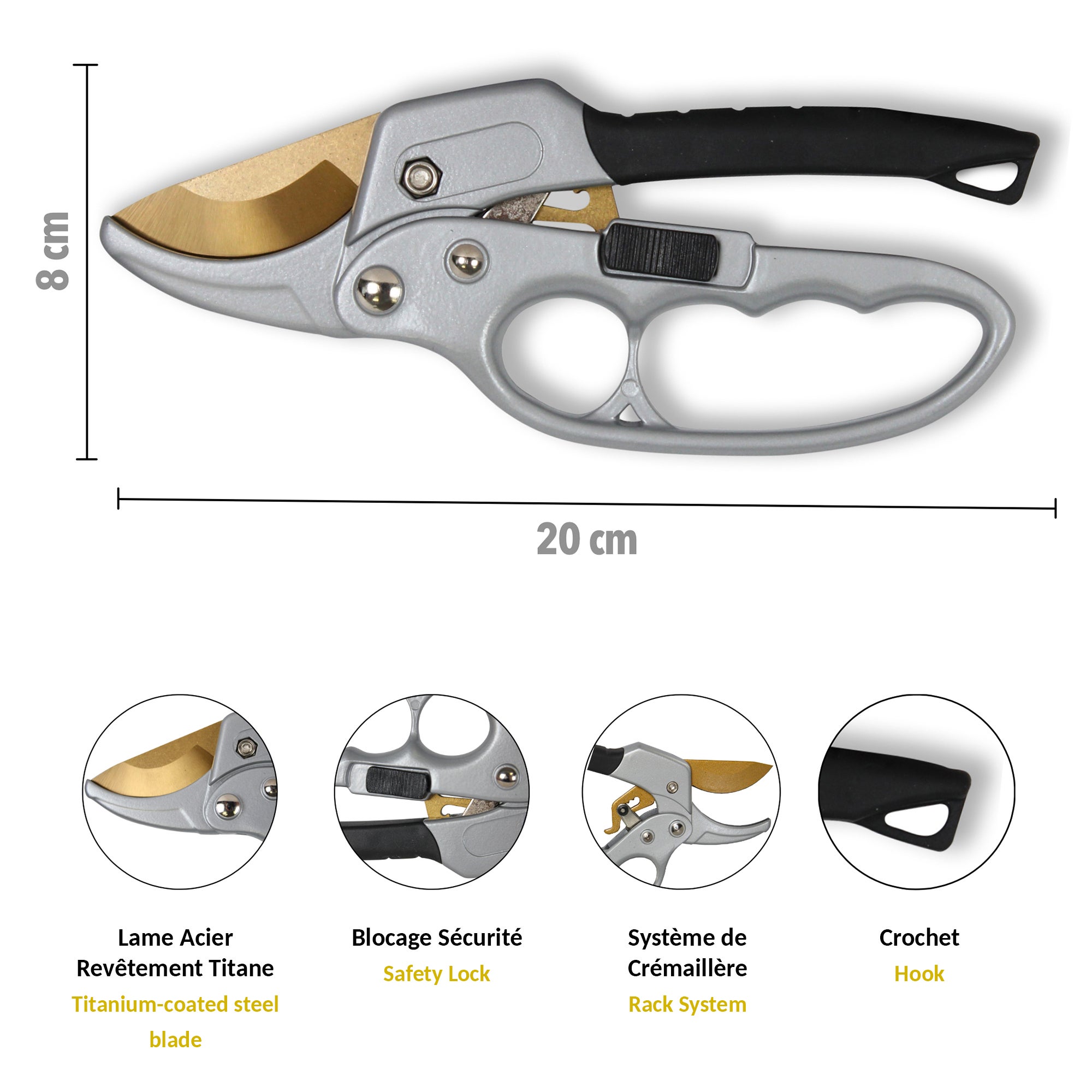 FISHTEC Secateur de Jardin Titanium a cremaillere - Poignee Ergonomique Antiderapant - Coupe Nette (Branches jusqu'a 20 mm) - 20 CM - Gris & Noir - 6