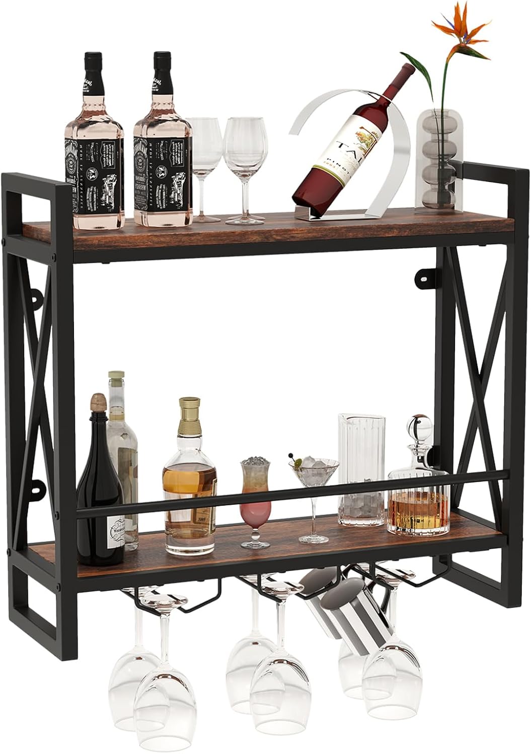 Regał na Wino do Montażu na Ścianie, 2 Poziomy na 14 Butelek, 9 Uchwytów na Kieliszki do Wina lub 6 Filiżanek, Półka Wisząca, 60 x 20 x 55 cm