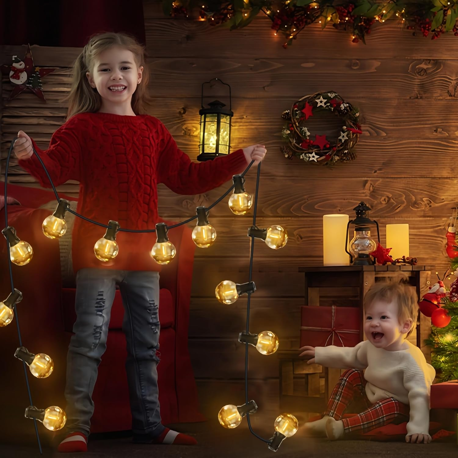 Guirnalda de luces para exterior de 30 m, resistente al agua IP44, con 50+2 bombillas LED G40, ideal para decoración navideña, luz cálida de 2700 K - 7