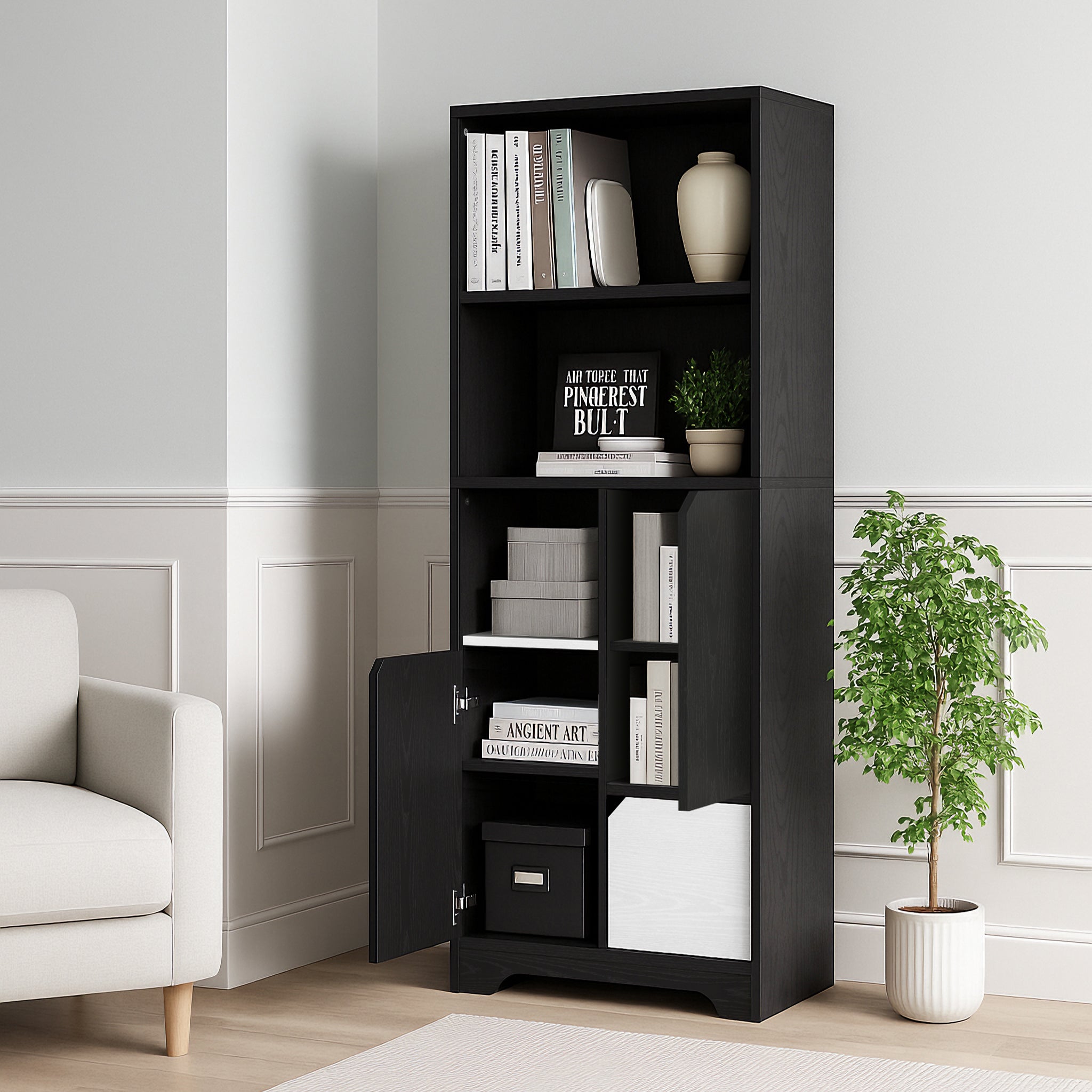 Librería multifuncional blanco y negro, estilo moderno, con almacenamiento abierto, puertas y cajones, para dormitorio y salón.