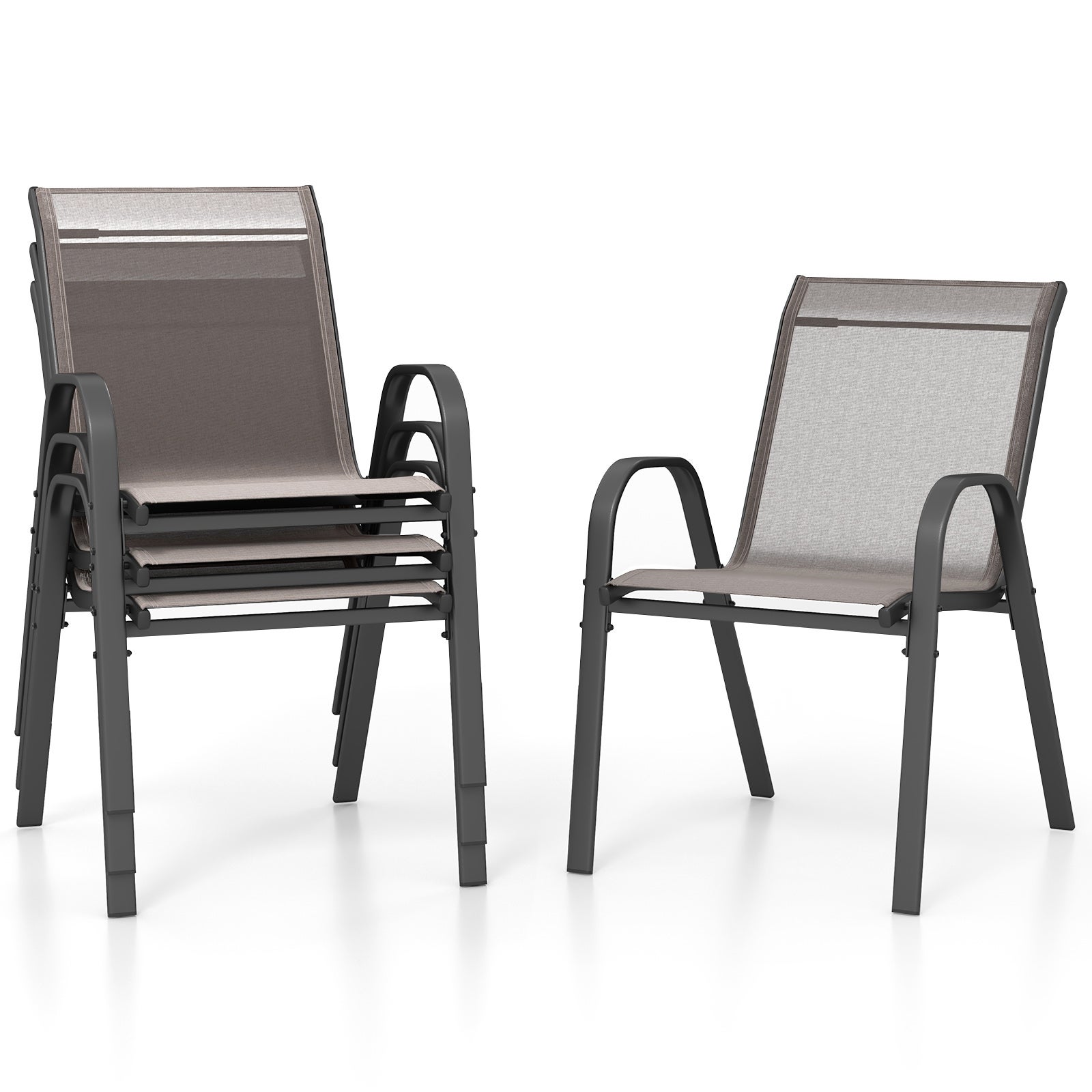 Set de 4 scaune de grădină cu cadru metalic, scaune sufragerie stivuibile țesătură respirabilă, fotolii, capacitate încărcare 150 kg, gri 4buc
