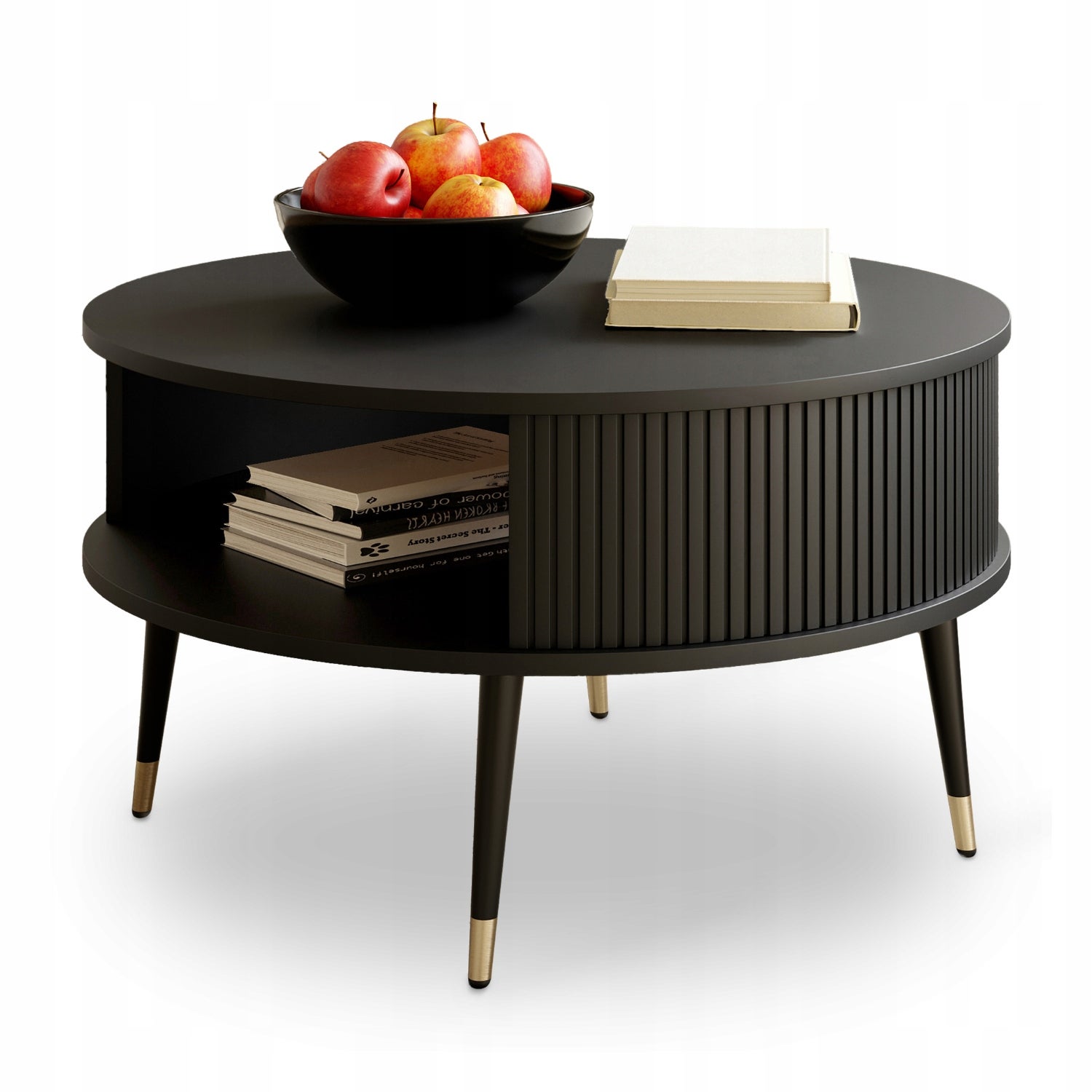 Stolik Kawowy CZARNY Lamele Okrągły VERLO LUX 76 cm Loft Salon ZŁOTE NOGI