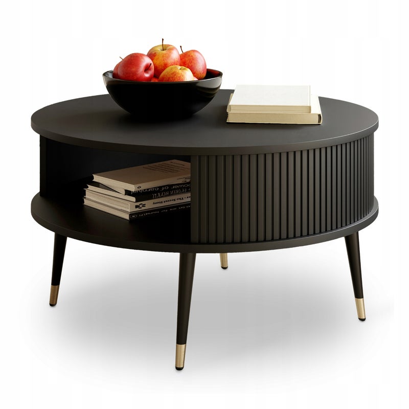 Stolik Kawowy CZARNY Lamele Okrągły VERLO LUX 76 cm Loft Salon ZŁOTE NOGI