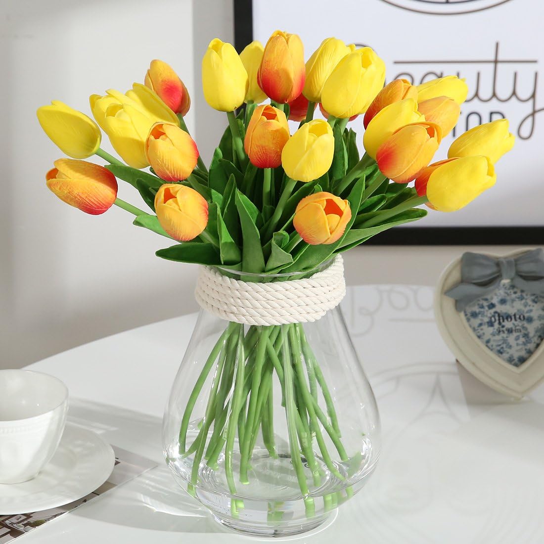 Lot de 10 tulipes artificielles en latex, aspect réaliste, couleur orange, idéales pour les bouquets de mariage, la décoration de la maison et du jar - 2