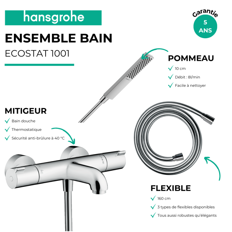 Pack mitigeur bain thermostatique HANSGROHE Ecostat 1001CL + Flexible Metaflex + Pommeau HANSGROHE Pulsify E 100 EcoSmart chromé - 3
