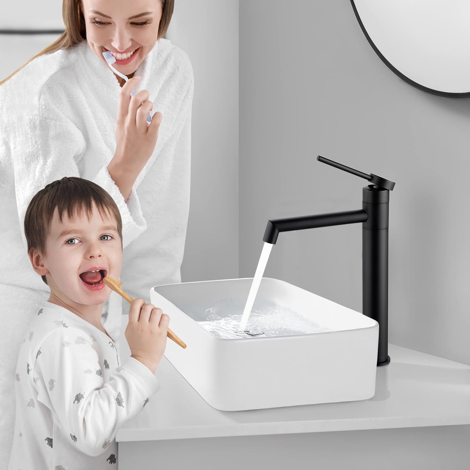 Czarna wysoka bateria umywalkowa, matowa, 24 cm, do umywalki nablatowej, stal nierdzewna 304