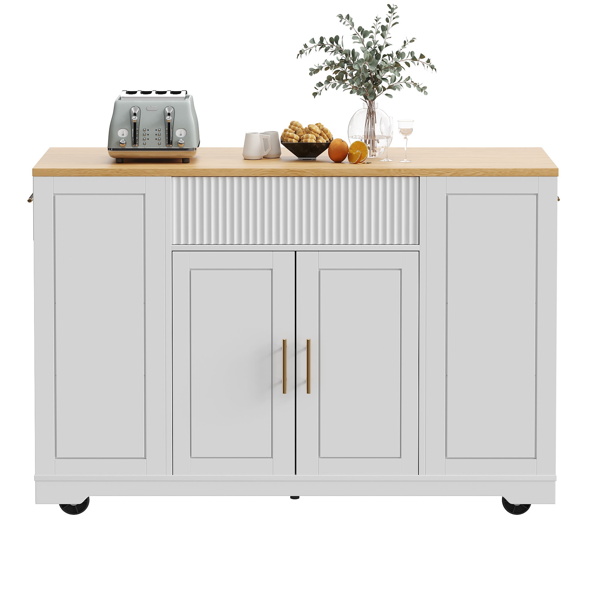 Îlot central de cuisine mobile avec 2 portes, 3 tiroirs et compartiment poubelle - 120 x 50 x 92 cm - MDF + Métal - Blanc - 7