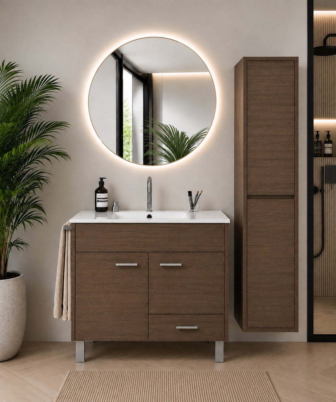 Mobilier de baie cu lavoar ORIGENBATH SAMOS fără oglindă 70x40 cm frasin tea cu coloană