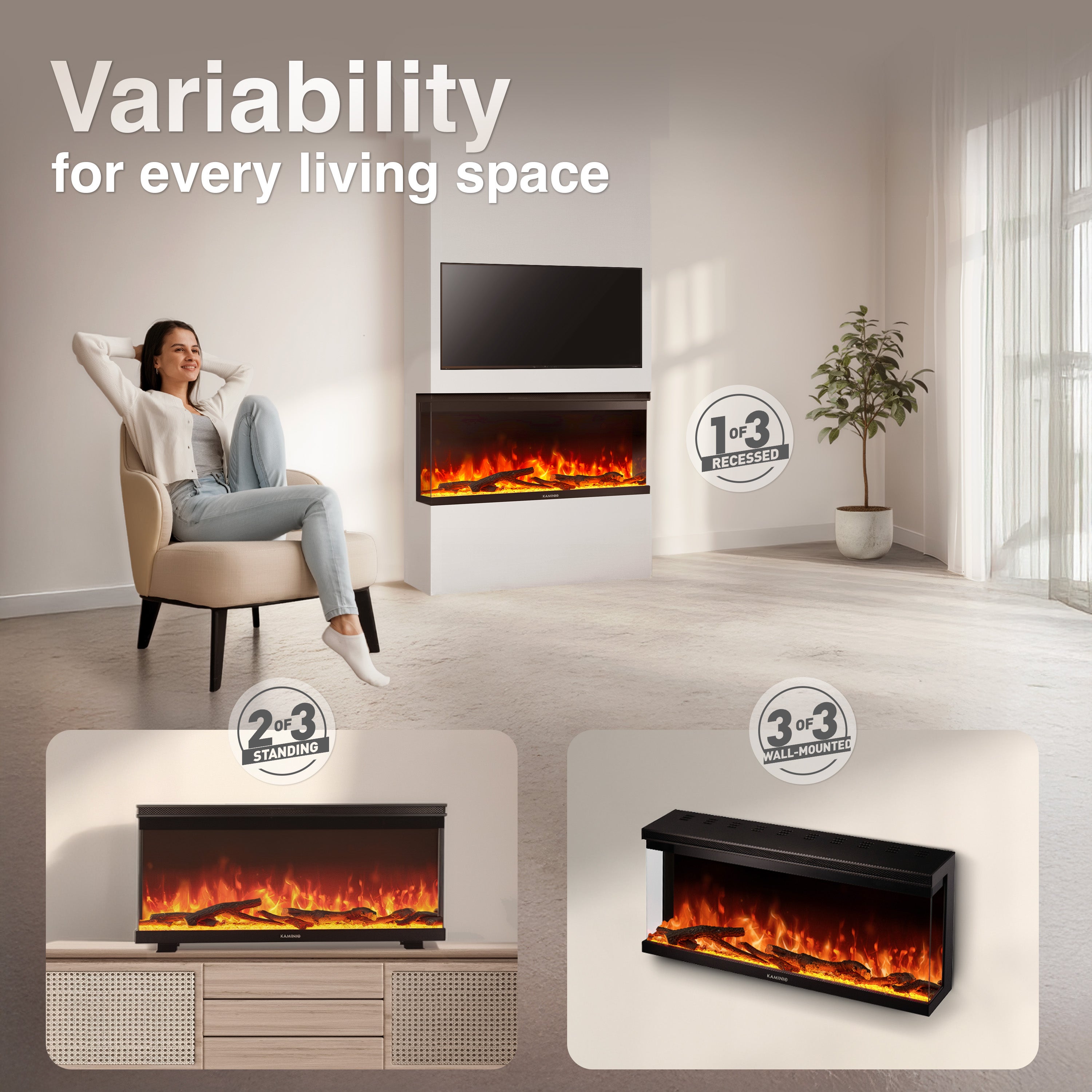 KAMINIO Chimenea eléctrica LEA - Chimenea 3en1 con vista panorámica, calefacción, llama 3D, 12 colores de llamas, mando a distancia - 36 pulgadas - 2