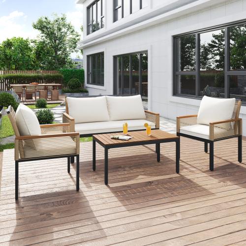 Salon de Jardin en Rotin avec Canapé Double, 2 Fauteuils et Table, Coussin Confortable pour Terrasse - 5