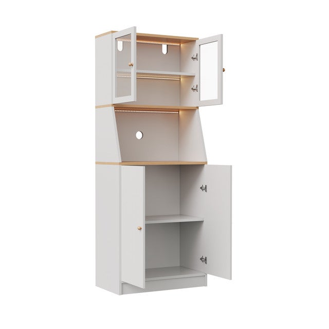 Armoire de Cuisine Colonne 180cm, Buffet avec Éclairage et Étagères Réglables, Plan de Travail et Portes en Verre Transparent, 70x40x180cm - 5