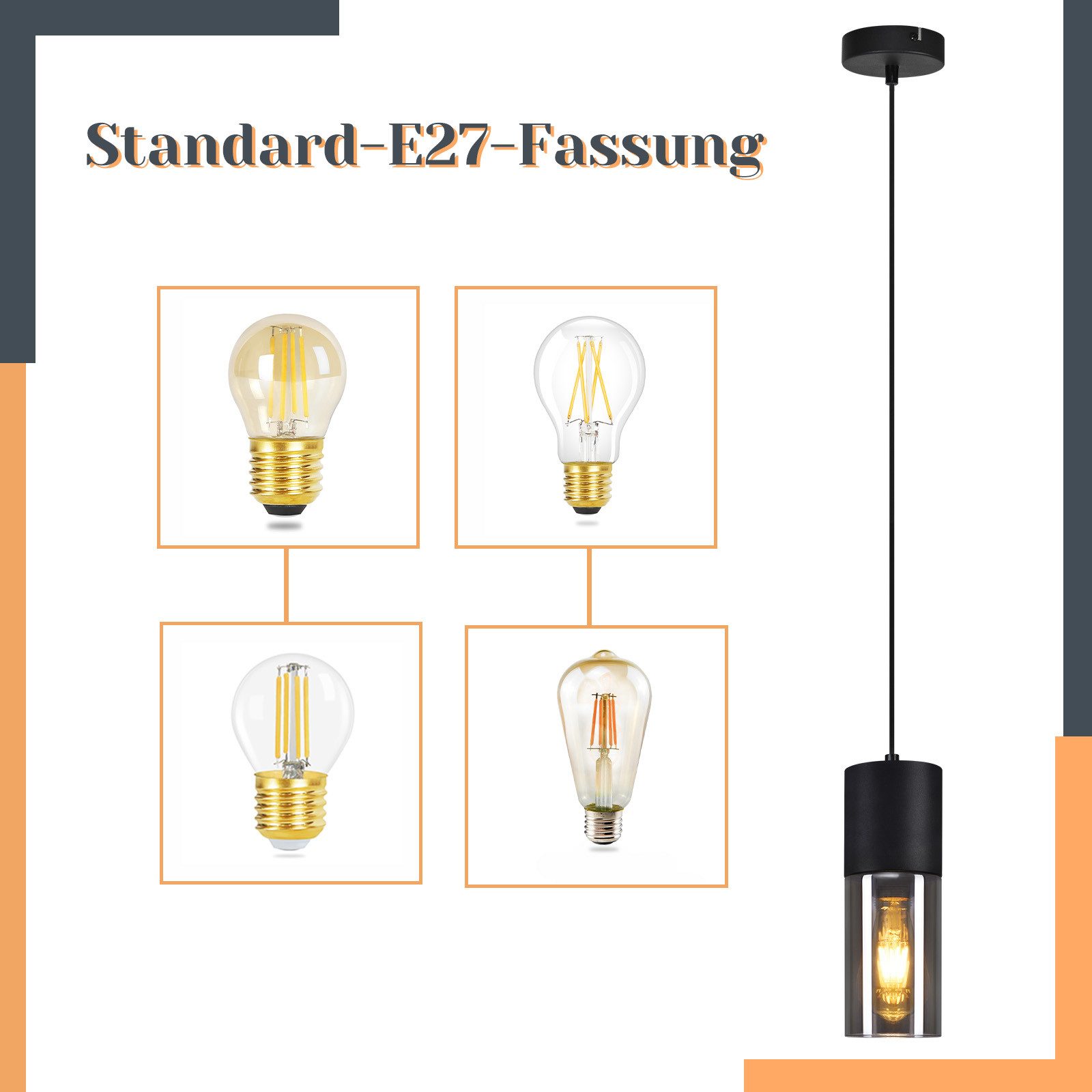 NETTLIFE Lampa wisząca czarna lampa wisząca E27 kuchnia czarne szkło metal 1 żarówka industrialna nowoczesna - 3