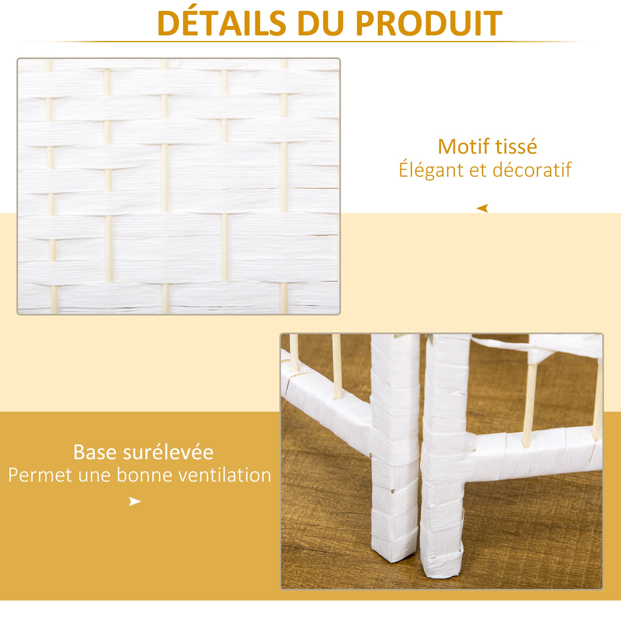 Paravent intérieur bois séparateur pièce cloison pliable 4 panneaux 160x170 cm blanc - 8
