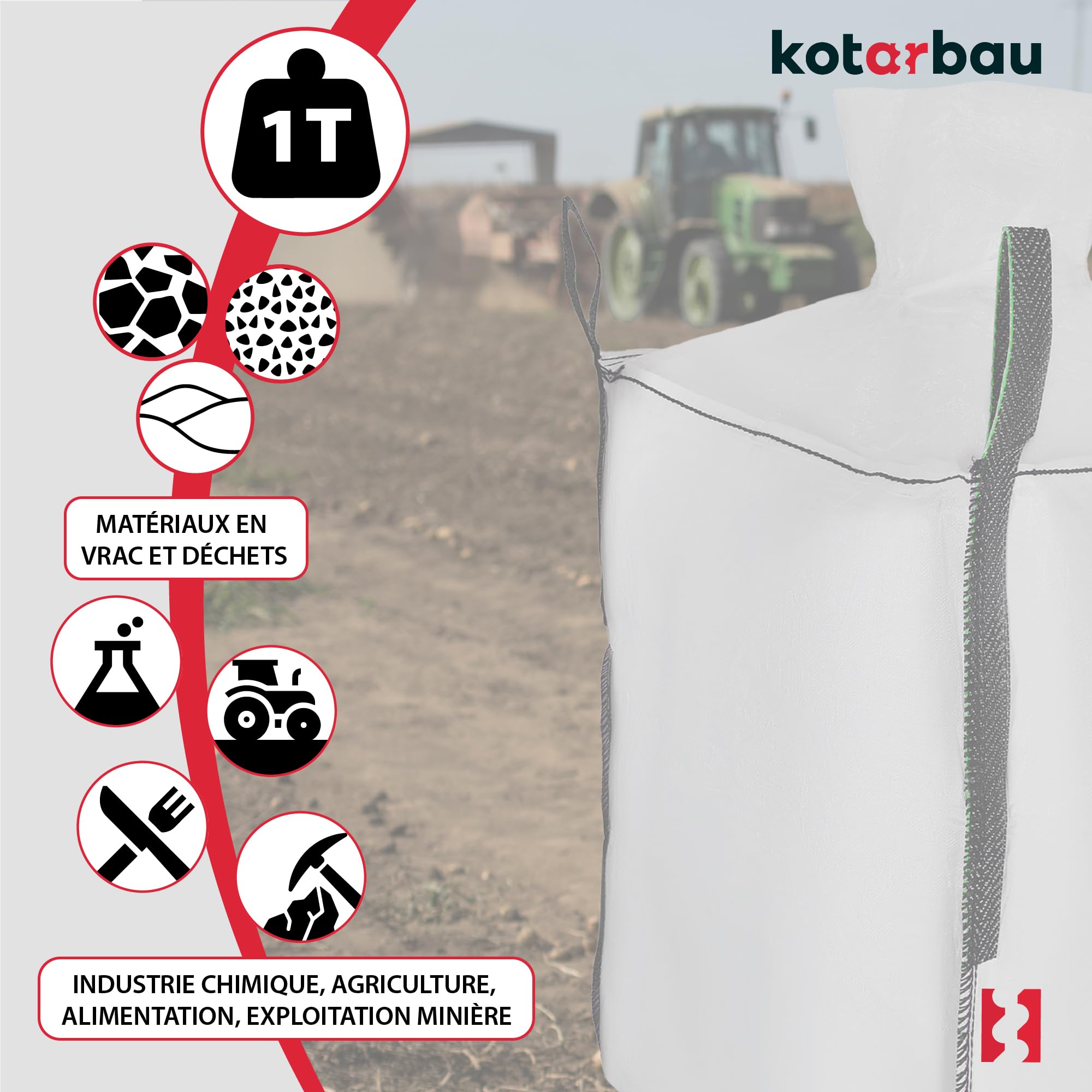 Sac Big Bag Vide, Sac Gravat Chantier 90 x 90 x 160 cm 1000 kg avec trémie de vidange - KOTARBAU - 3