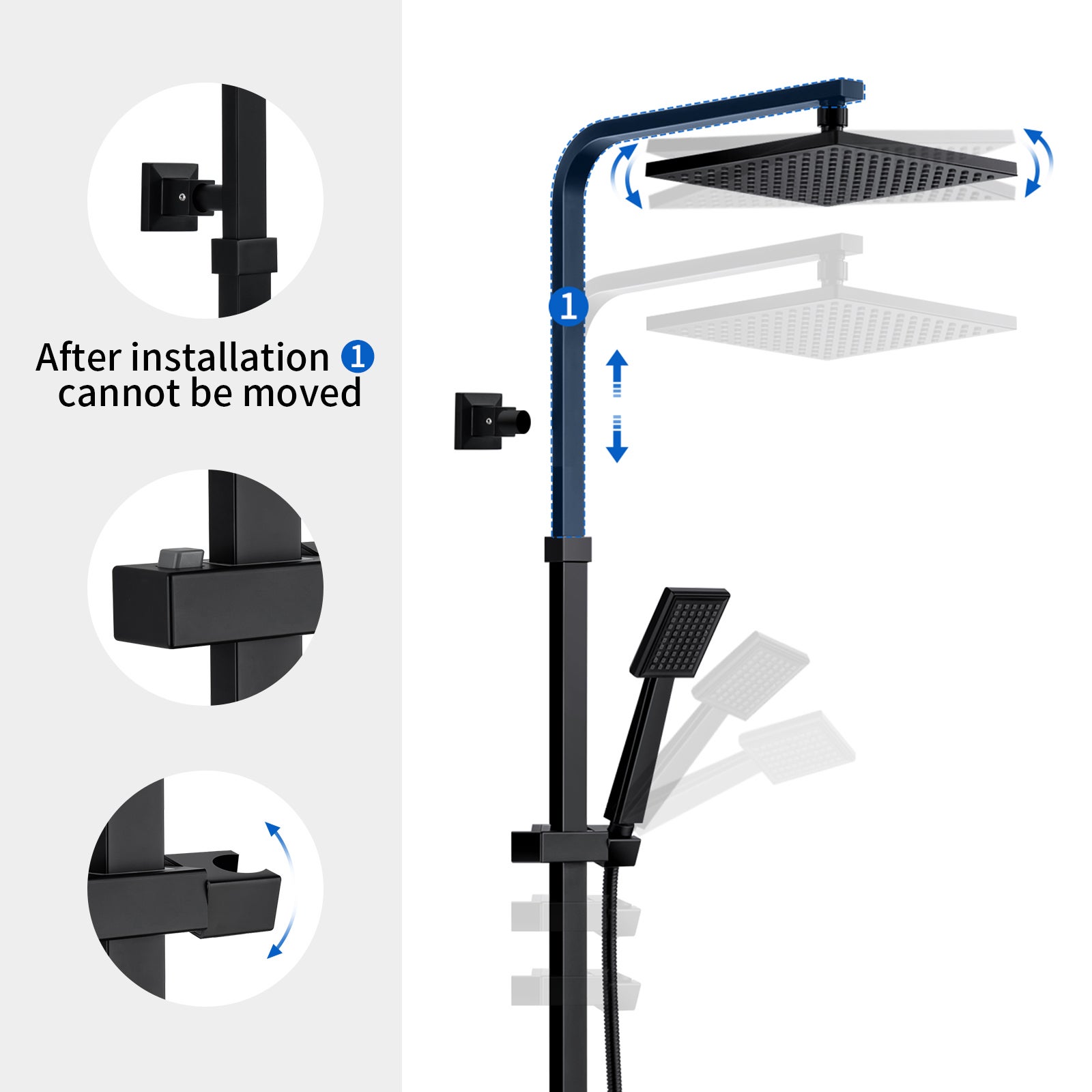 Coluna Duche Preta com Misturadora Termostática em Latão,Conjunto Duche Quadrado 215x215mm,Barra Inoxidável,Altura Ajustável 1100 -1370mm - 7