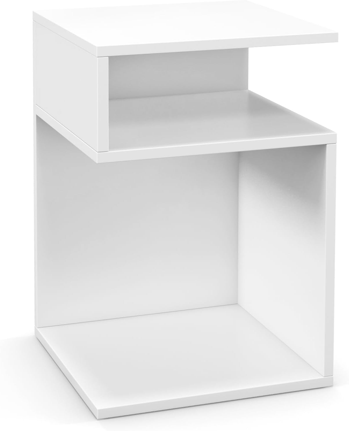 Biały Stolik do Kanapy, Nowoczesny Design w Kształcie Litery „S” z 3 Poziomami, Drewniany, Otwarte Półki do Przechowywania, Antypoślizgowe Podkładki