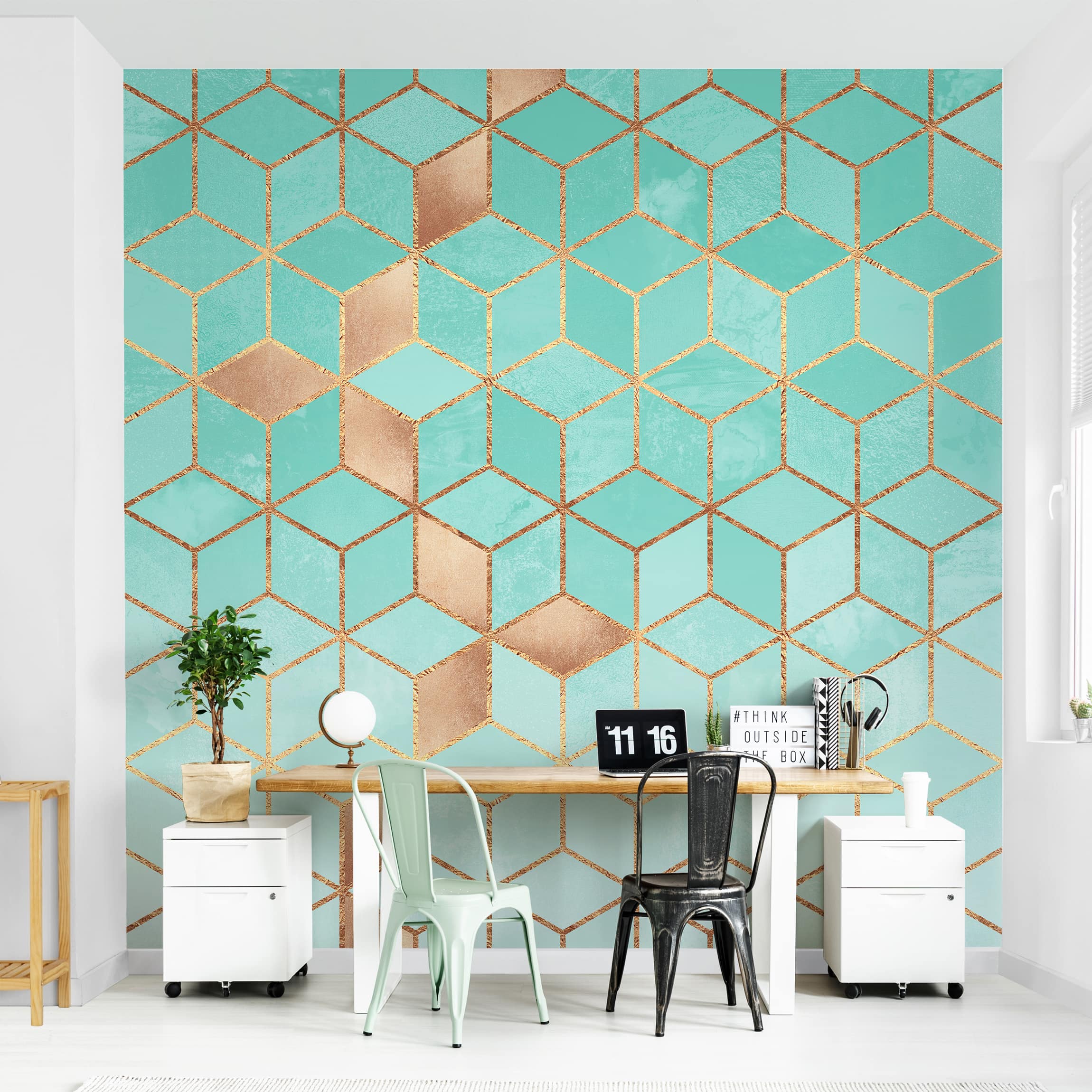 Papier peint à motif abstrait aquarelle art à motif 3D trompe l'oeil géométrie 210 - salon chambre cuisine - Intissé 288 x 288 cm Smart - 6